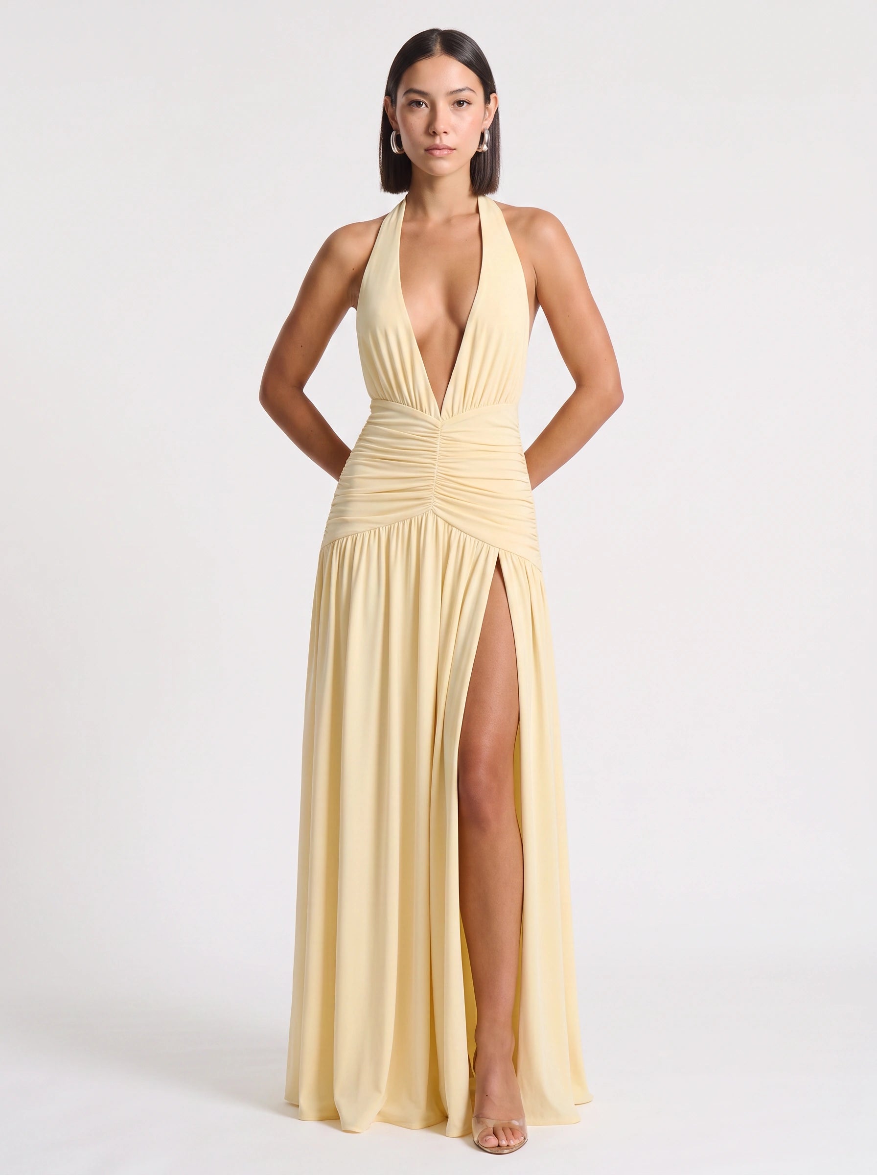 Rucha Ruched Halter Maxi Dress – Plunge Neck Slit Women Formal Wedding Guest Evening Party Long Halter Dress