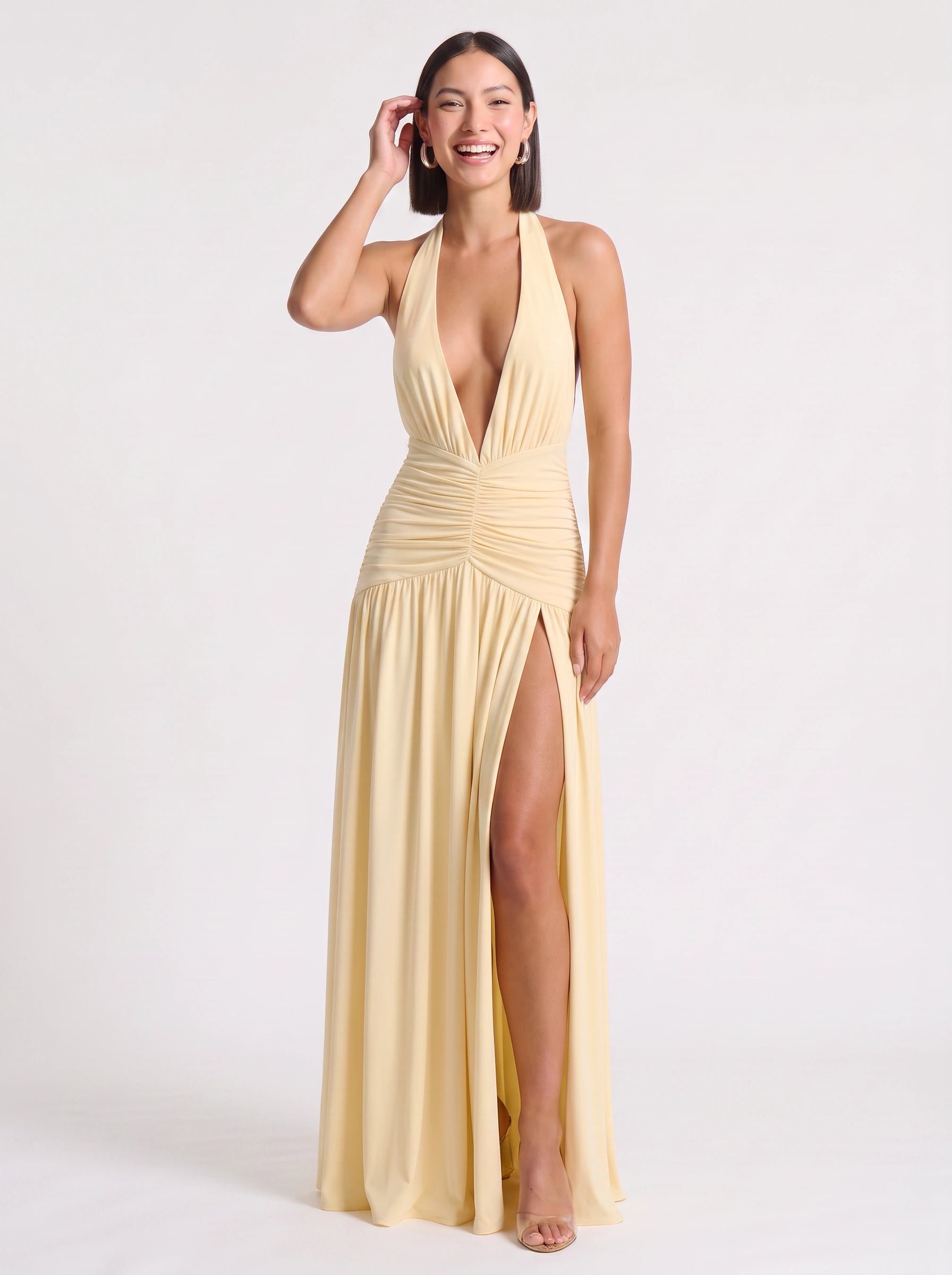 Rucha Ruched Halter Maxi Dress – Plunge Neck Slit Women Formal Wedding Guest Evening Party Long Halter Dress