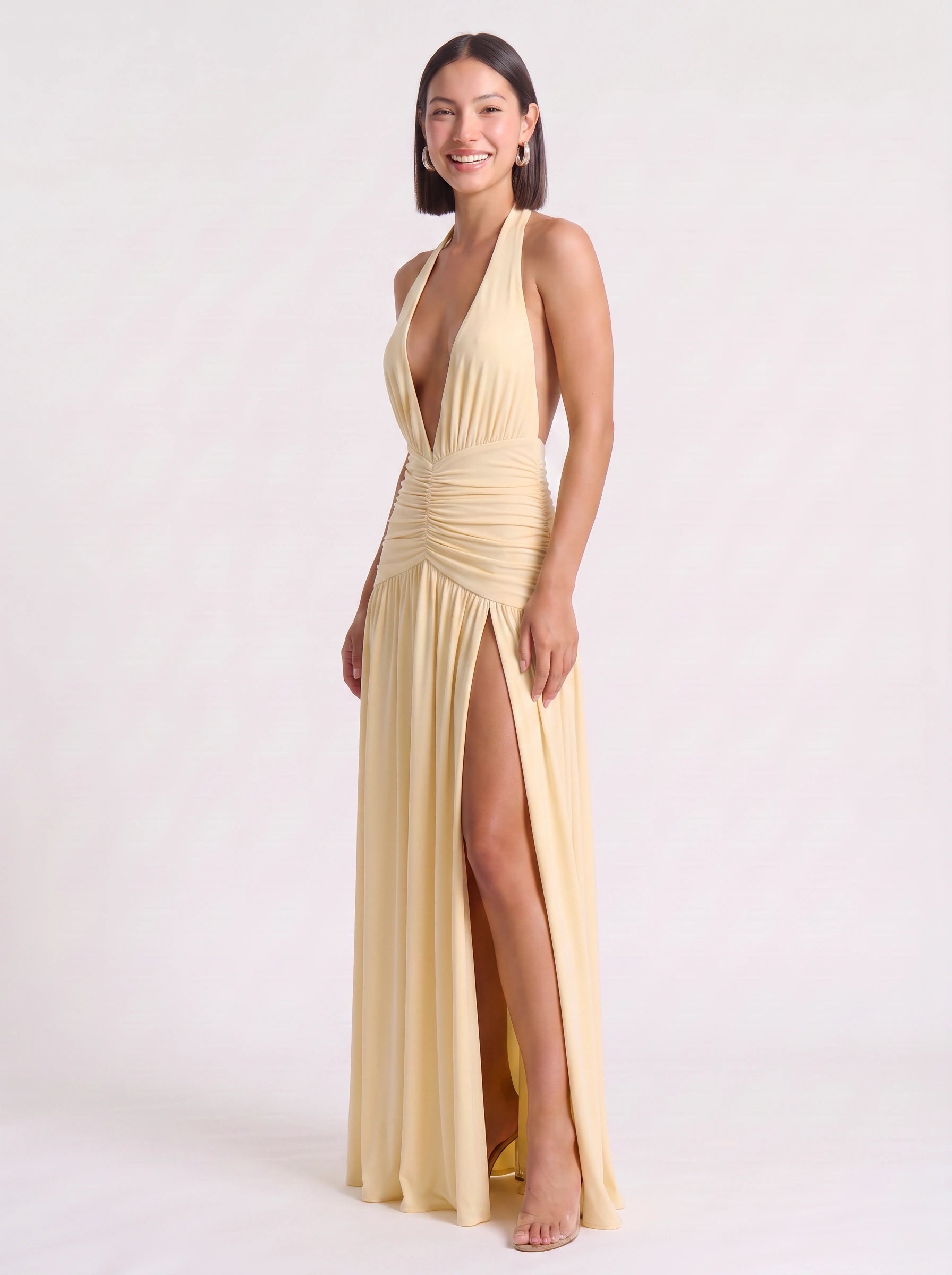 Rucha Ruched Halter Maxi Dress – Plunge Neck Slit Women Formal Wedding Guest Evening Party Long Halter Dress