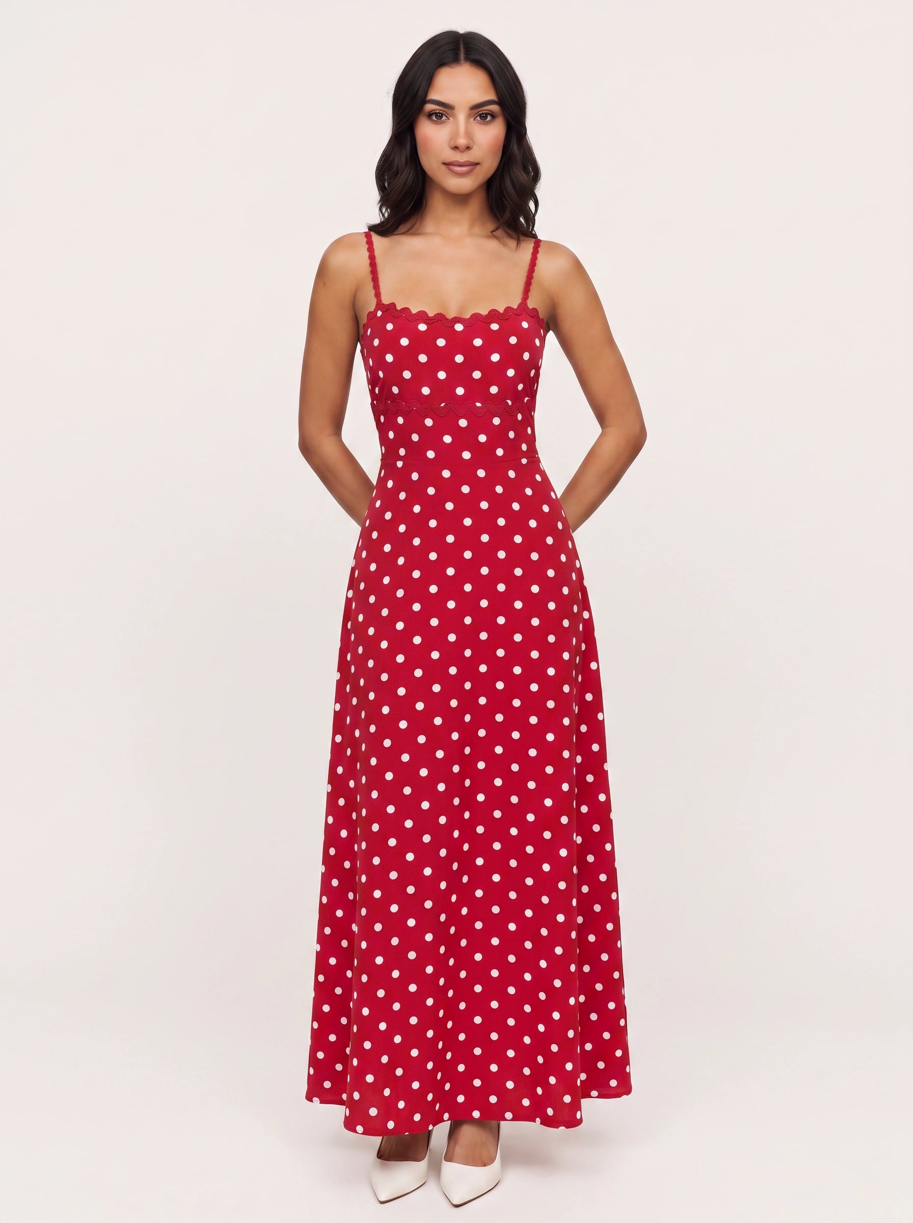 Polkavera Scallop Trim Maxi Dress – Polka Dot Summer Sundress Women Cocktail Formal Wedding Guest Maxi Dress