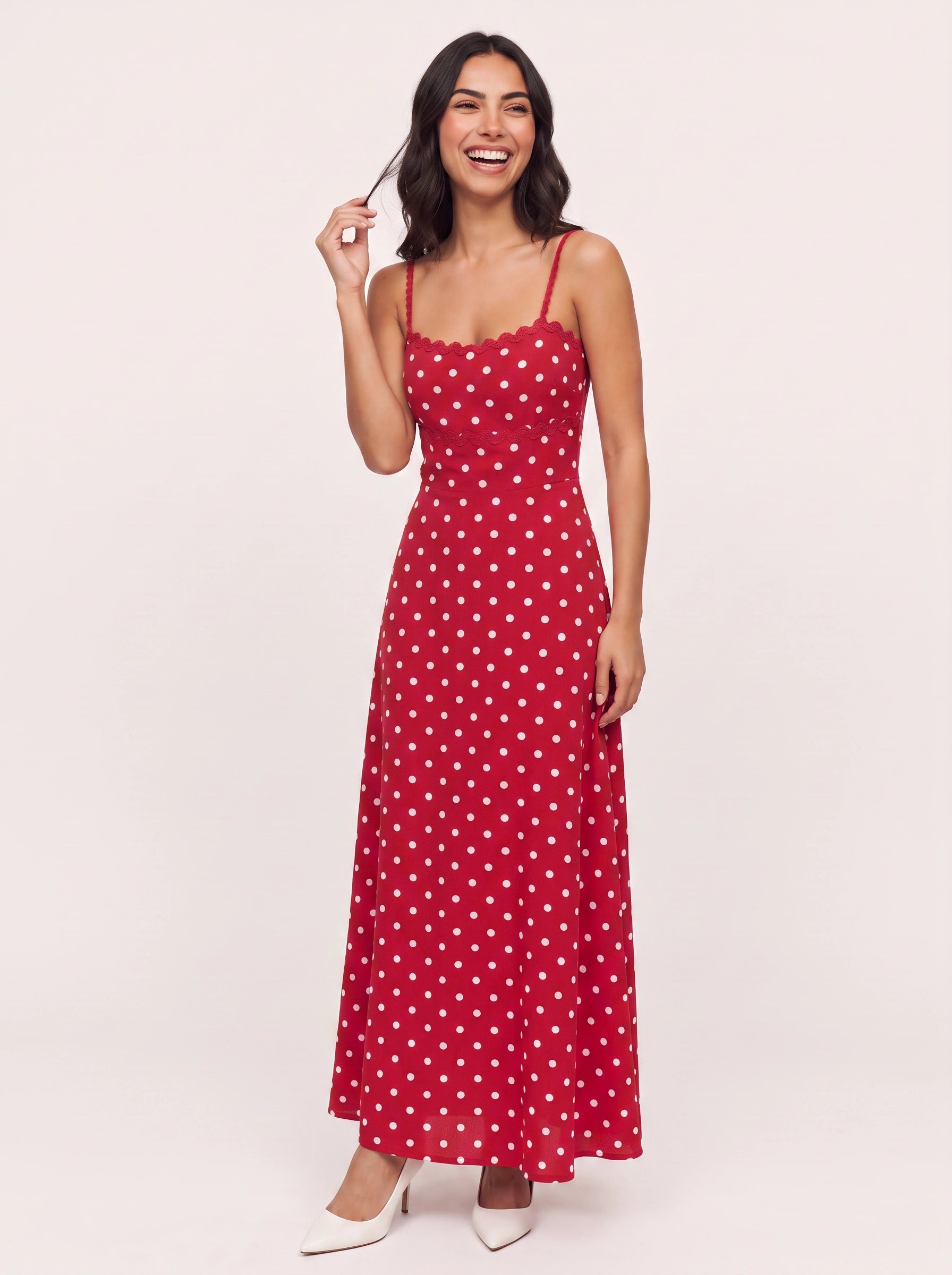 Polkavera Scallop Trim Maxi Dress – Polka Dot Summer Sundress Women Cocktail Formal Wedding Guest Maxi Dress