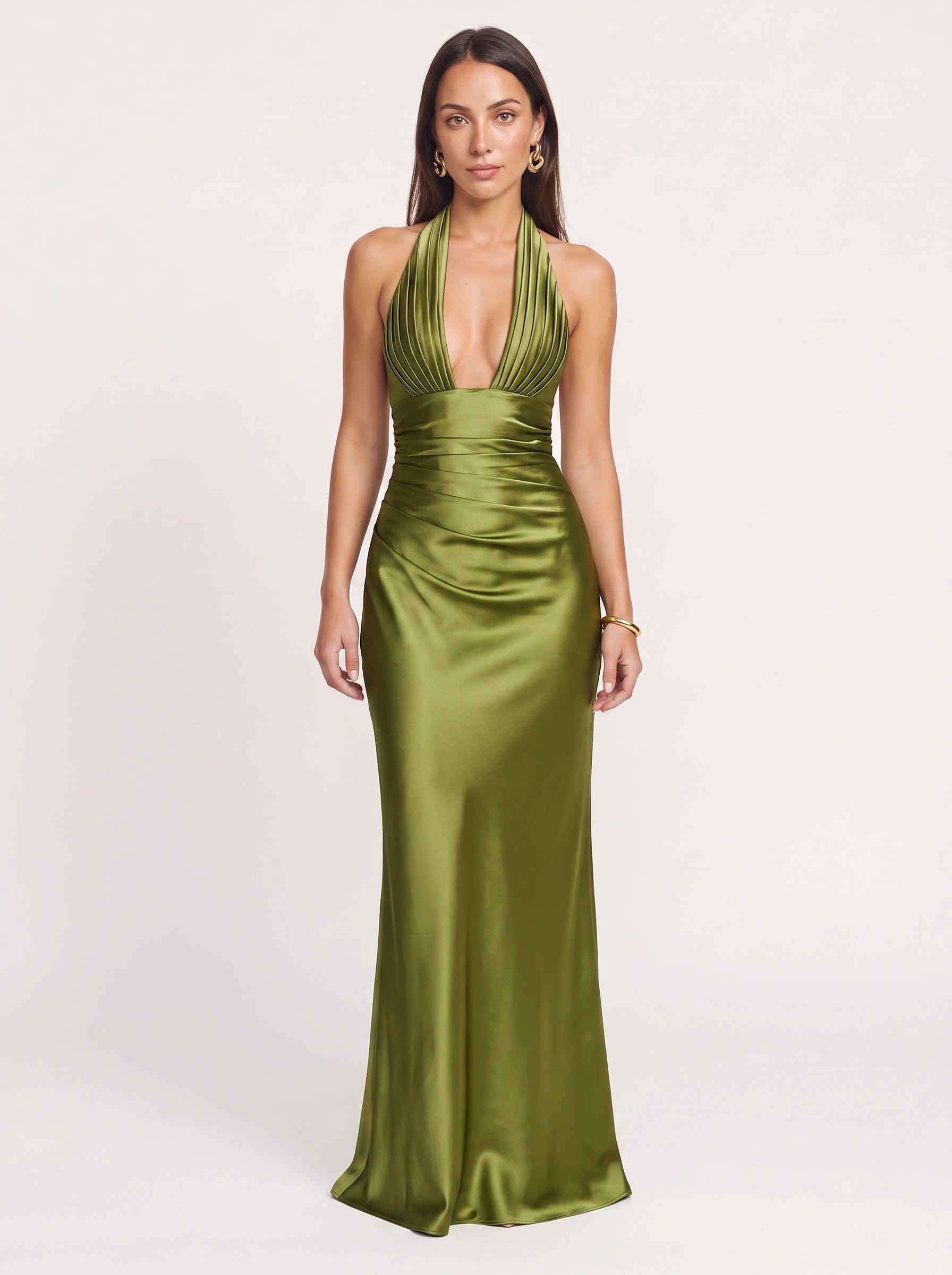 Sylvie Halter Plunge Maxi Dress – Satin Ruched Women Formal Wedding Guest Cocktail Evening Maxi Dress