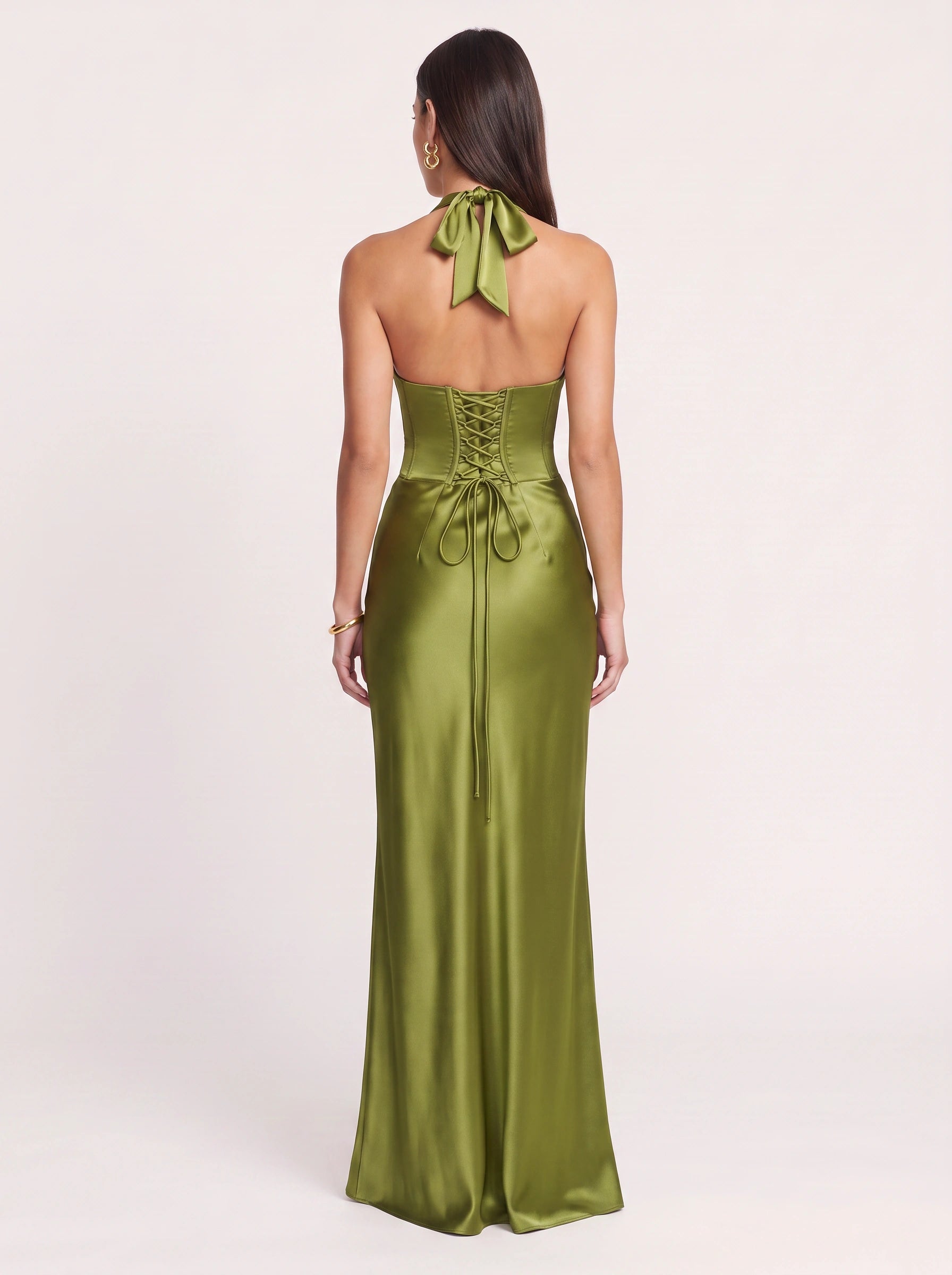 Sylvie Halter Plunge Maxi Dress – Satin Ruched Women Formal Wedding Guest Cocktail Evening Maxi Dress