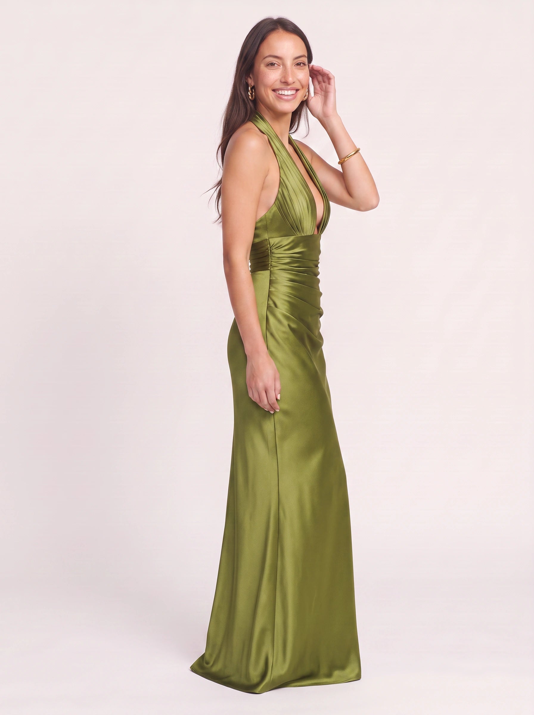 Sylvie Halter Plunge Maxi Dress – Satin Ruched Women Formal Wedding Guest Cocktail Evening Maxi Dress