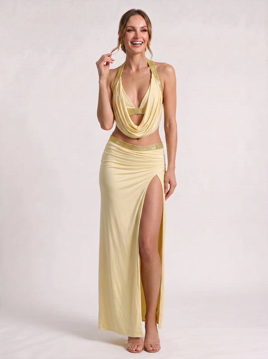 Rhea Draped Halter Crop Top Maxi Skirt Set – Women Formal Cocktail Summer Two Piece Slit Maxi Dress