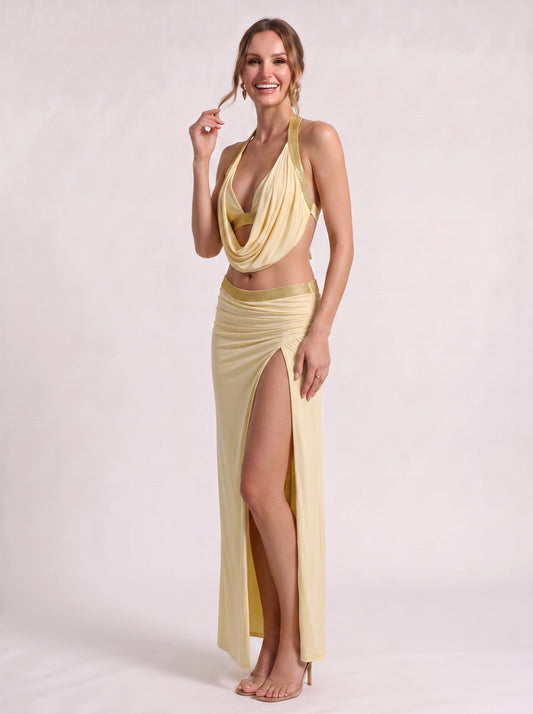 Rhea Draped Halter Crop Top Maxi Skirt Set – Women Formal Cocktail Summer Two Piece Slit Maxi Dress