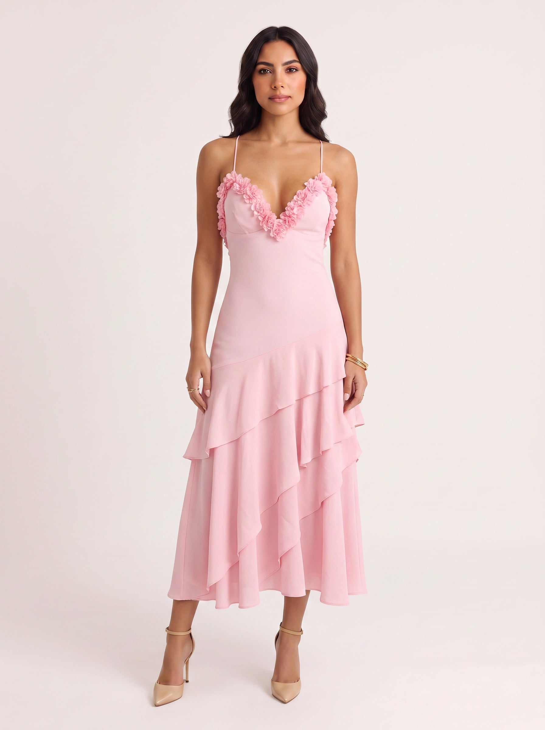 Petique Floral Appliqué Tiered Midi Dress – Women Cocktail Formal Wedding Guest Summer Ruffle Midi Dress