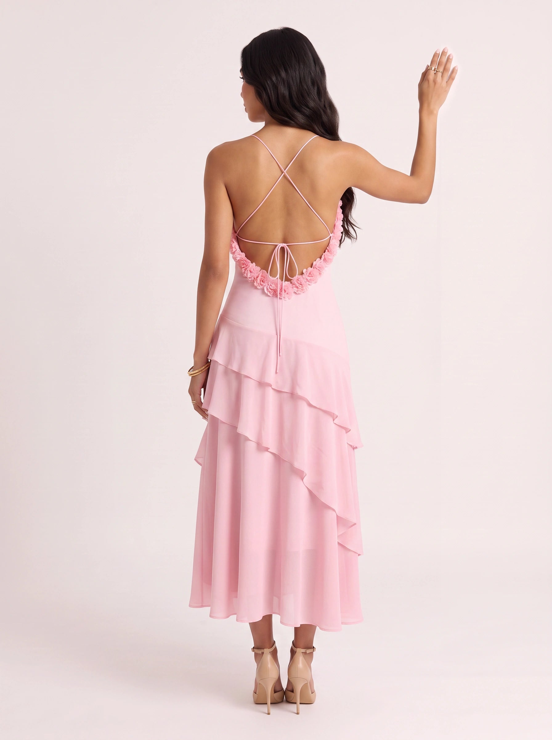 Petique Floral Appliqué Tiered Midi Dress – Women Cocktail Formal Wedding Guest Summer Ruffle Midi Dress