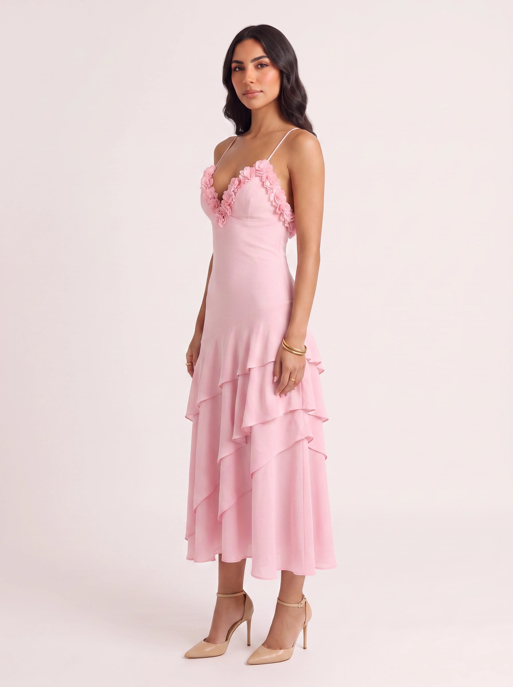 Petique Floral Appliqué Tiered Midi Dress – Women Cocktail Formal Wedding Guest Summer Ruffle Midi Dress