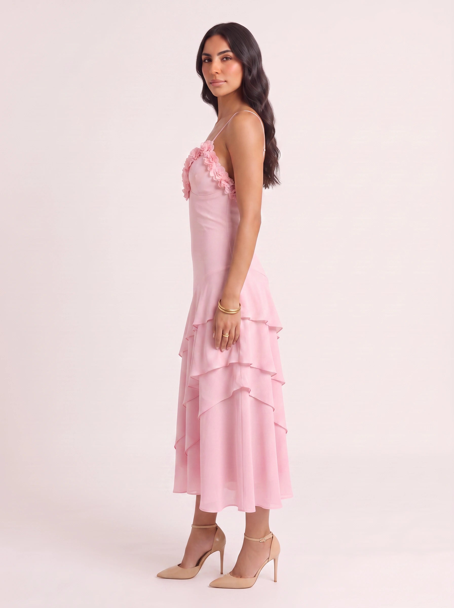 Petique Floral Appliqué Tiered Midi Dress – Women Cocktail Formal Wedding Guest Summer Ruffle Midi Dress