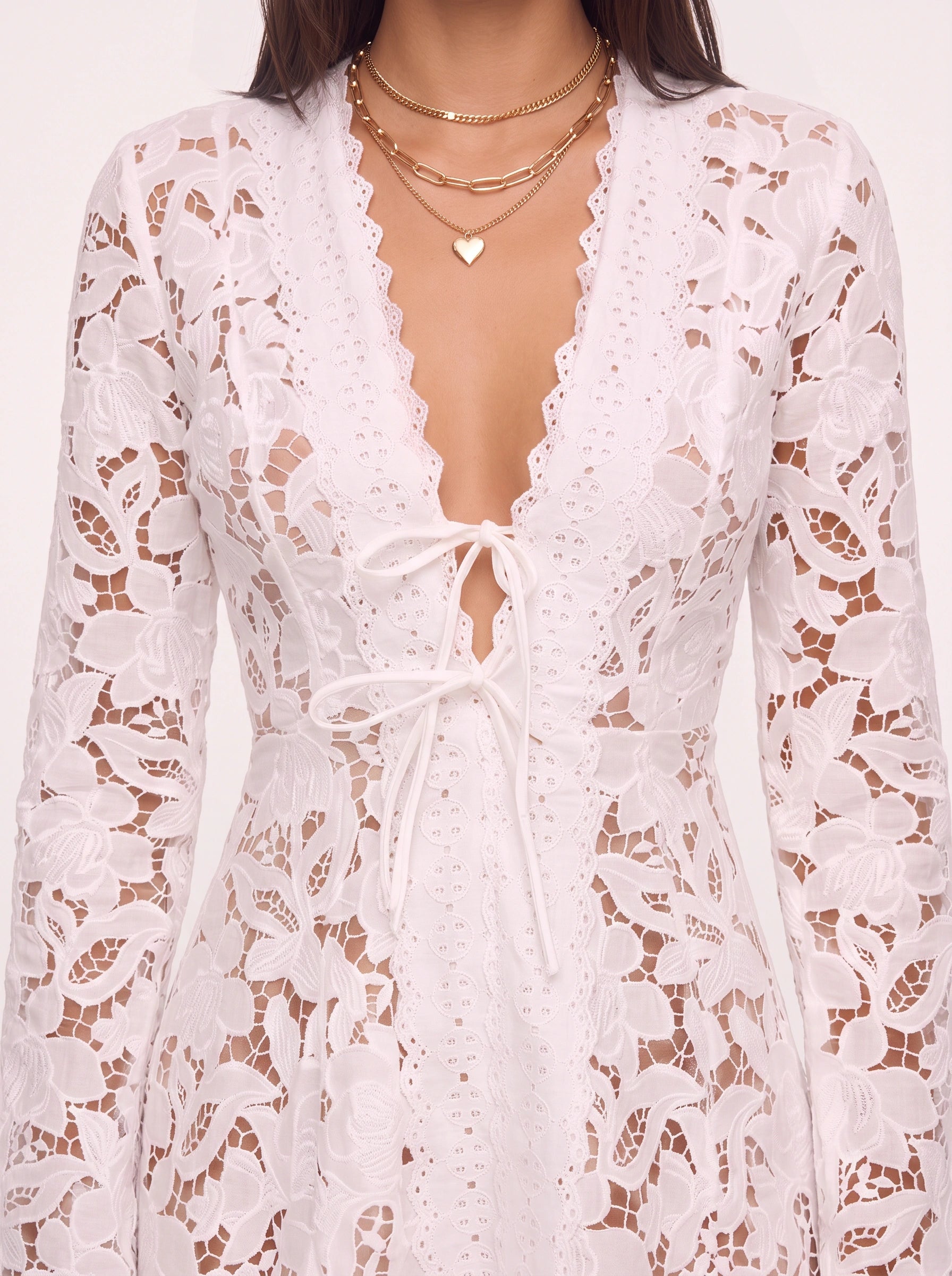 Camellia Lace Mini Dress – Long Sleeve Mini Dress Women White Summer Cocktail Bridal Romantic Eyelet Lace Short Dress