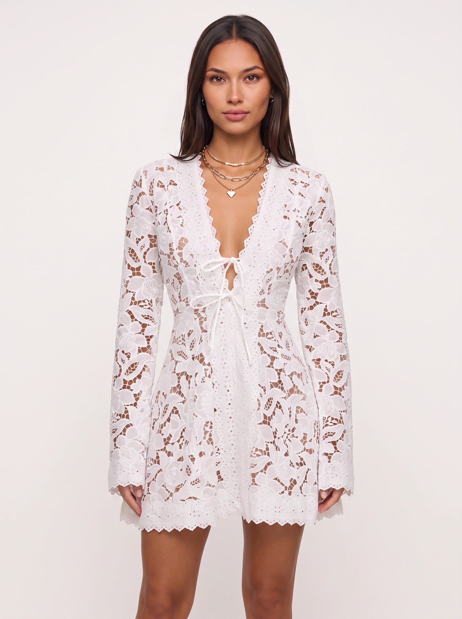 Camellia Lace Mini Dress – Long Sleeve Mini Dress Women White Summer Cocktail Bridal Romantic Eyelet Lace Short Dress