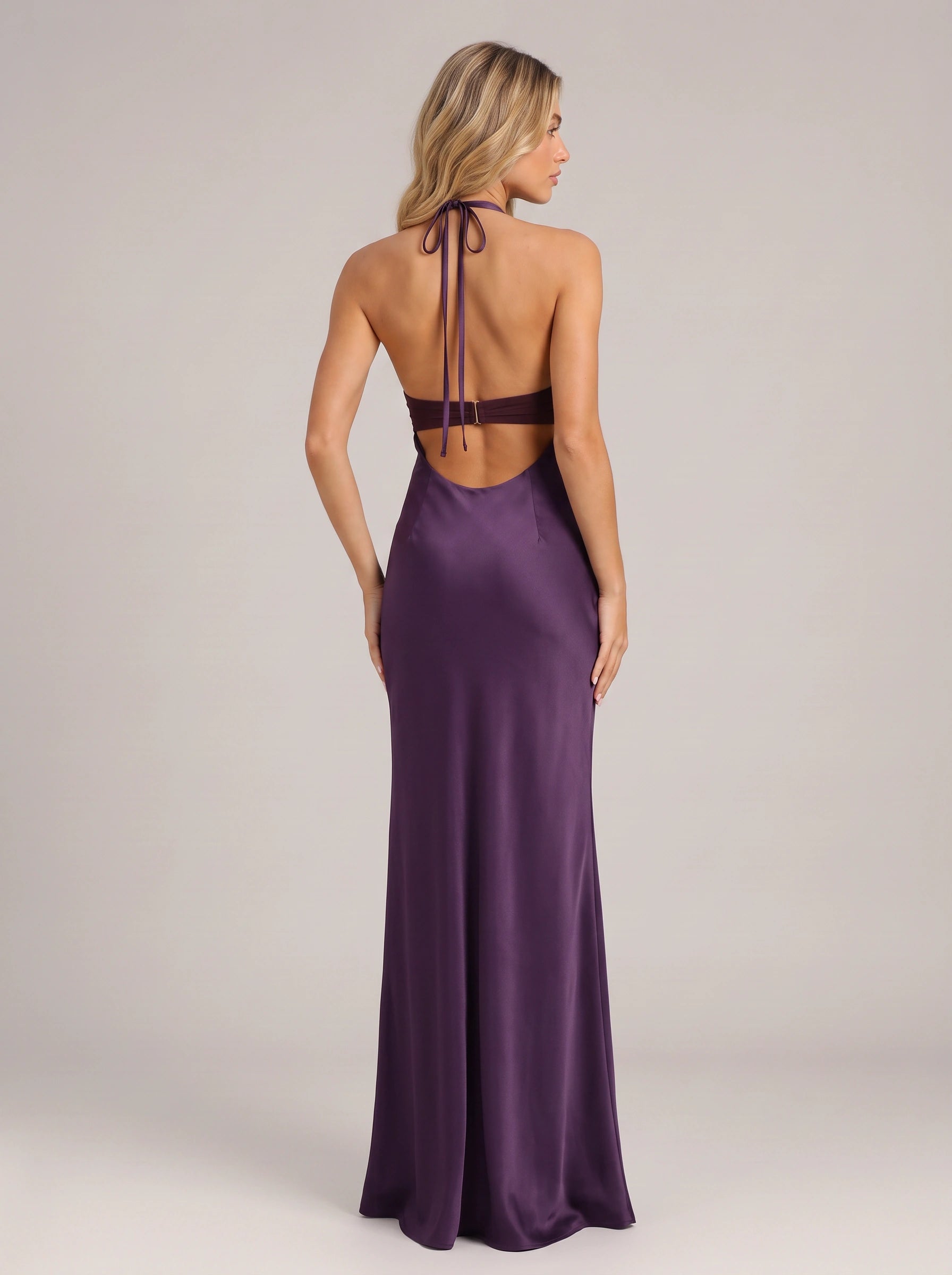 Ondyre Halter Plunge Maxi Dress – Wedding Guest Dresses Women Formal Cocktail Evening Satin Maxi Dress
