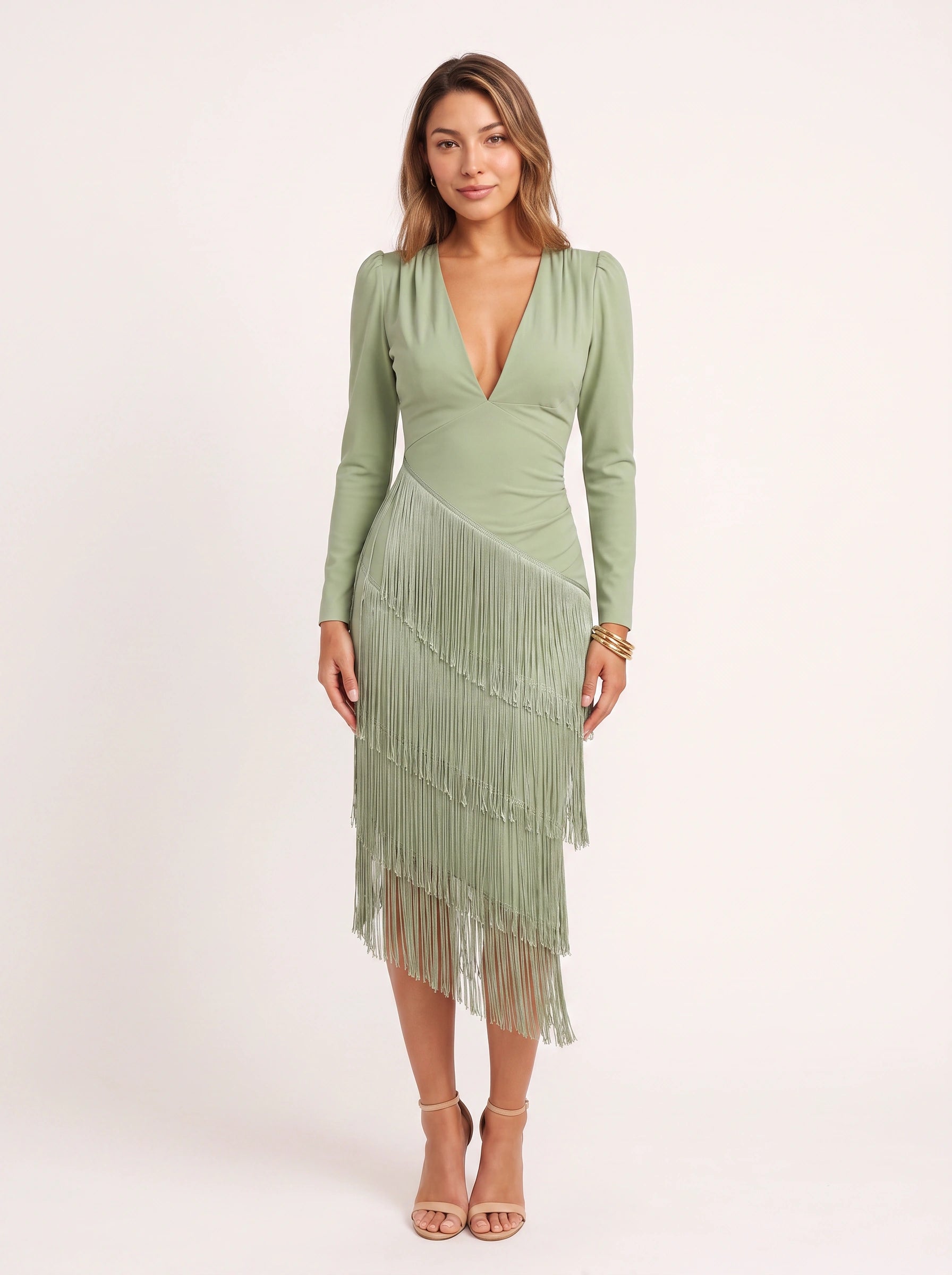 Frinova Plunge Neck Fringe Midi Dress – Women Cocktail Formal Evening Long Sleeve Party Bodycon Midi Dress