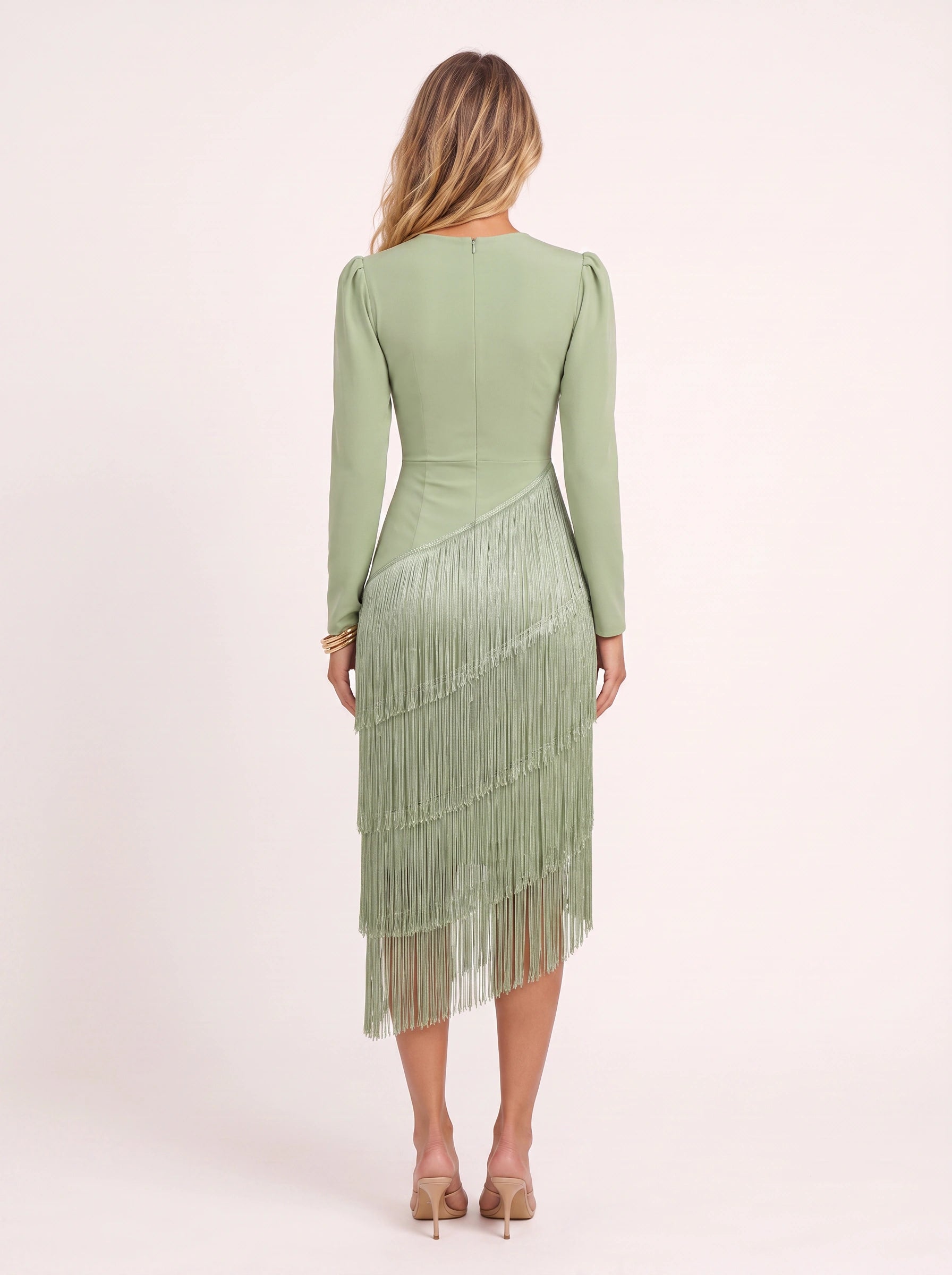 Frinova Plunge Neck Fringe Midi Dress – Women Cocktail Formal Evening Long Sleeve Party Bodycon Midi Dress