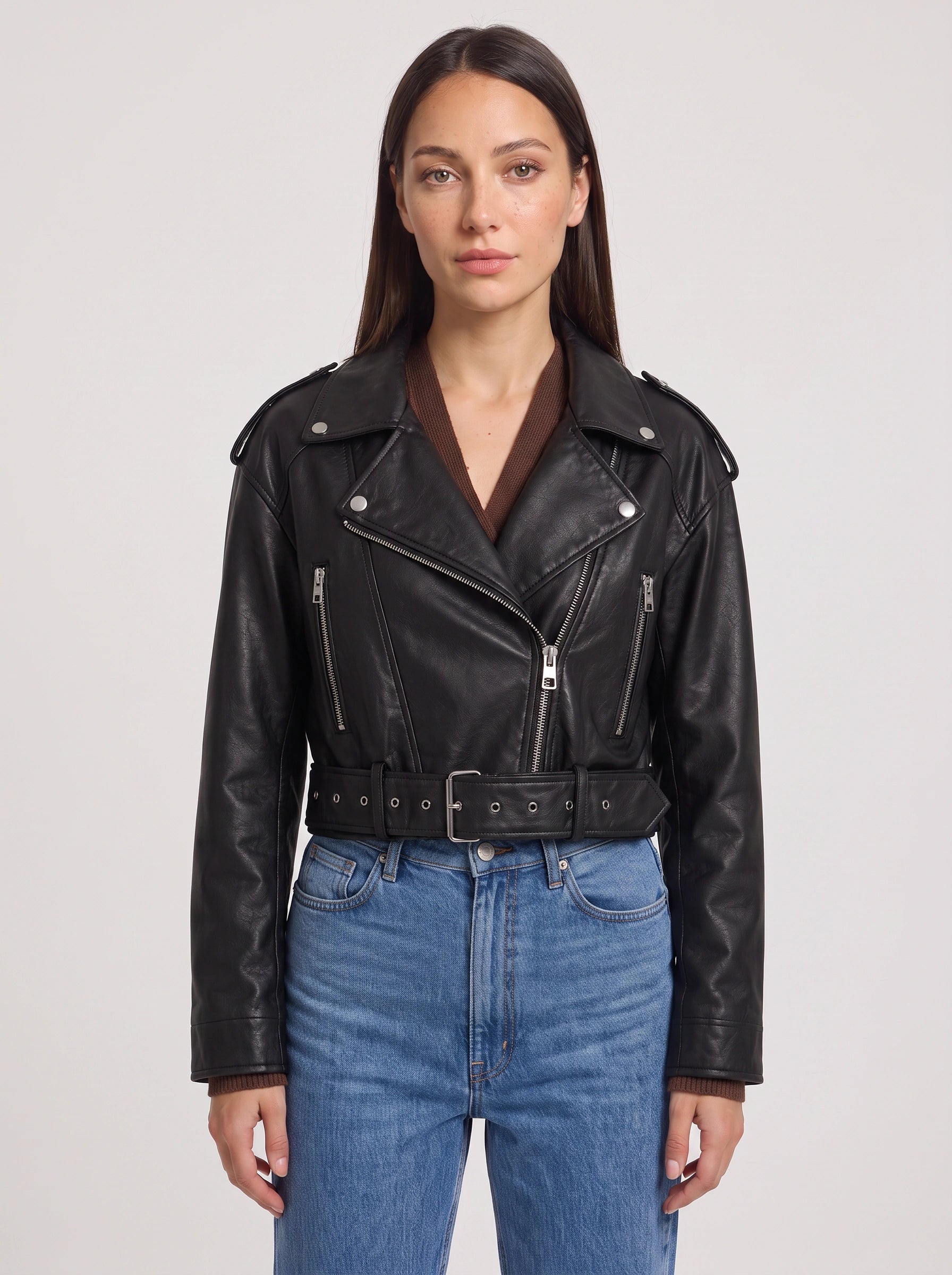 Cinturé Belted Moto Leather Jacket – Women Biker Cropped Oversized Streetwear Casual Edgy Jacket