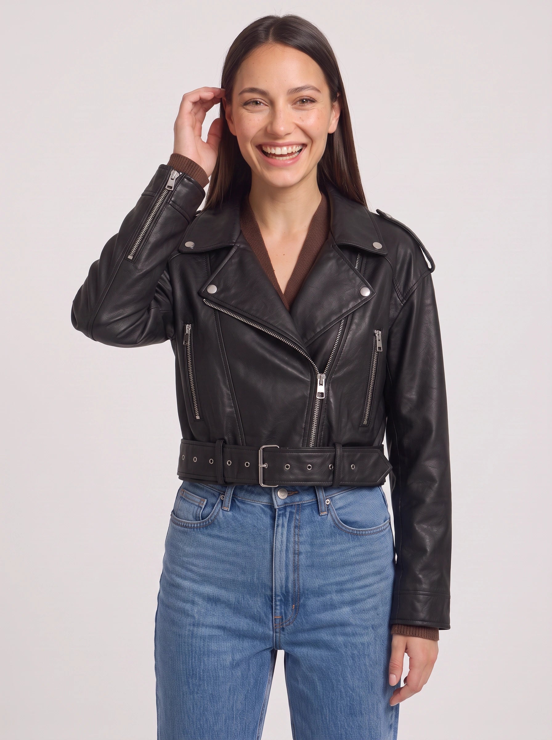 Cinturé Belted Moto Leather Jacket – Women Biker Cropped Oversized Streetwear Casual Edgy Jacket
