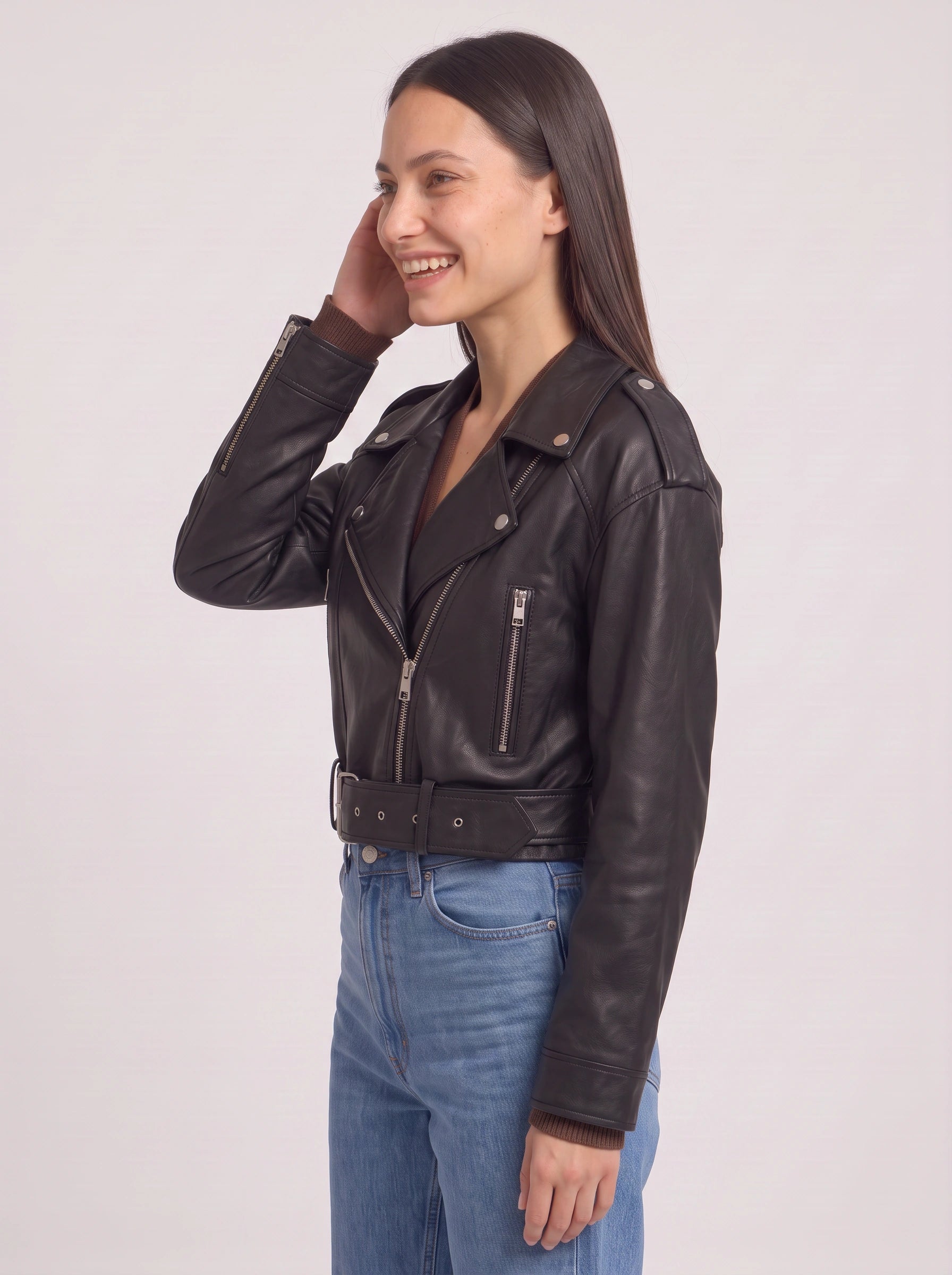 Cinturé Belted Moto Leather Jacket – Women Biker Cropped Oversized Streetwear Casual Edgy Jacket