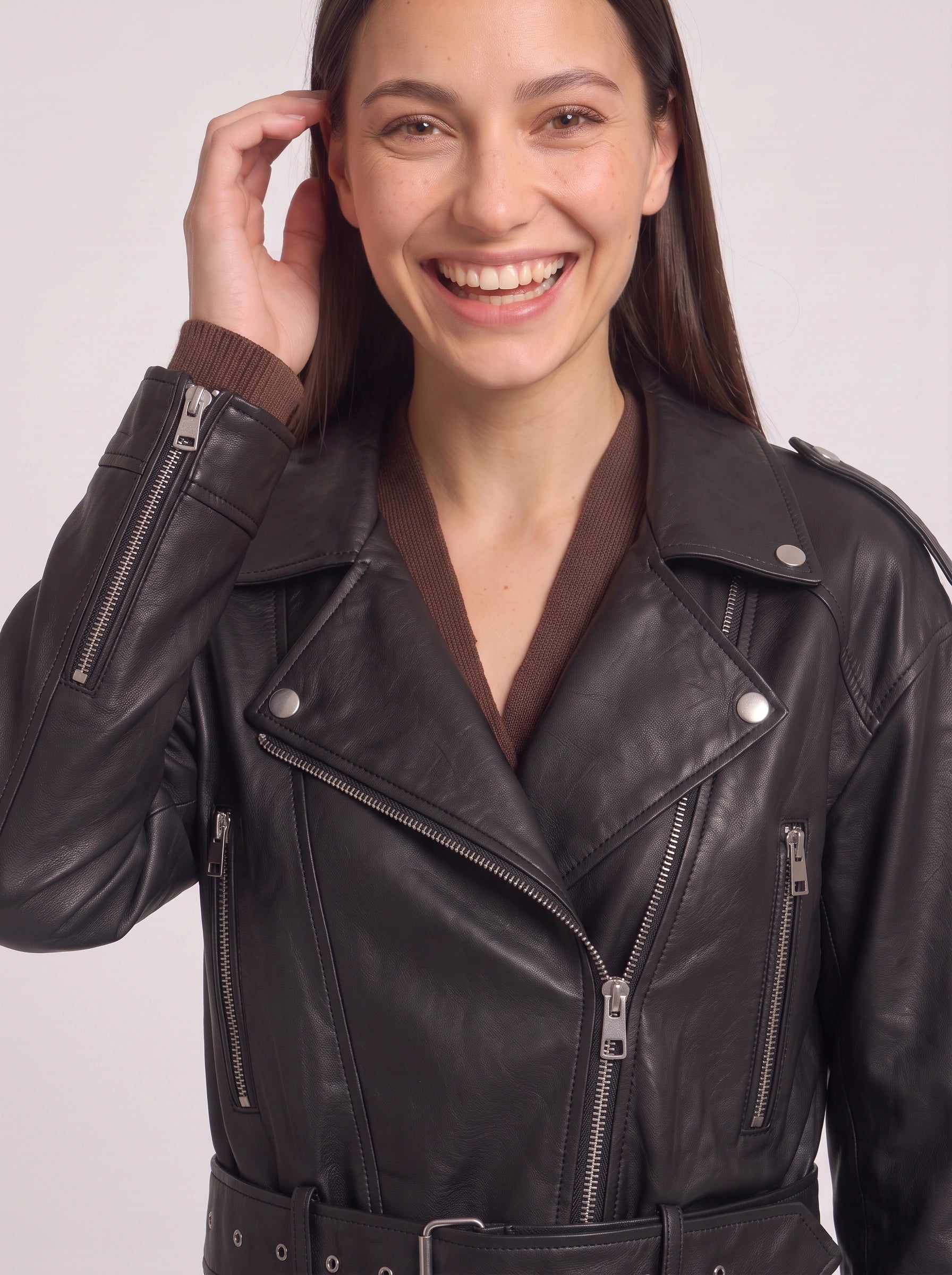 Cinturé Belted Moto Leather Jacket – Women Biker Cropped Oversized Streetwear Casual Edgy Jacket