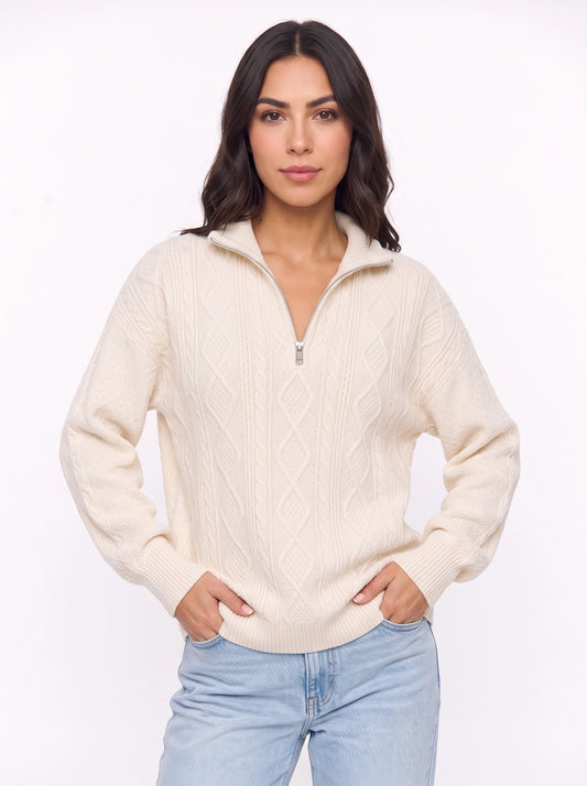 Cablina Half-Zip Cable Knit Sweater – Women Knit Sweater Casual Winter Chunky Pullover Ladies Jumper