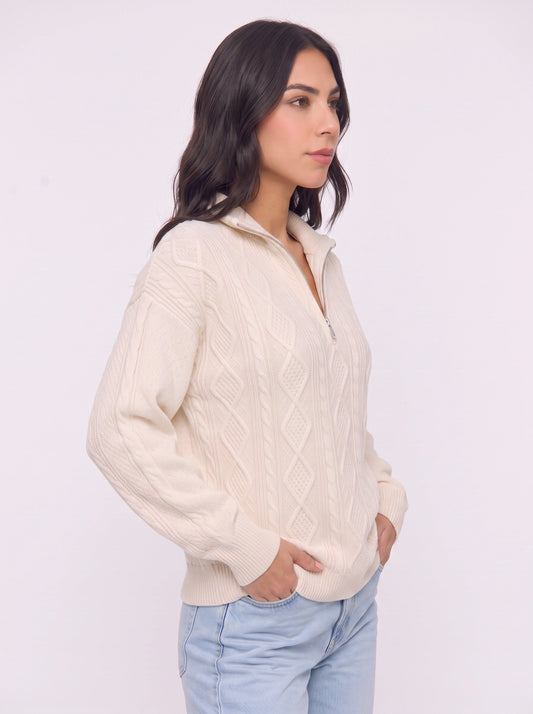 Cablina Half-Zip Cable Knit Sweater – Women Knit Sweater Casual Winter Chunky Pullover Ladies Jumper