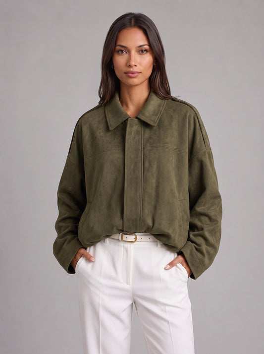 Mosskol Oversized Suede Bomber Jacket – Women Collared Zip Front Casual Streetwear Utility Bomber Jacket