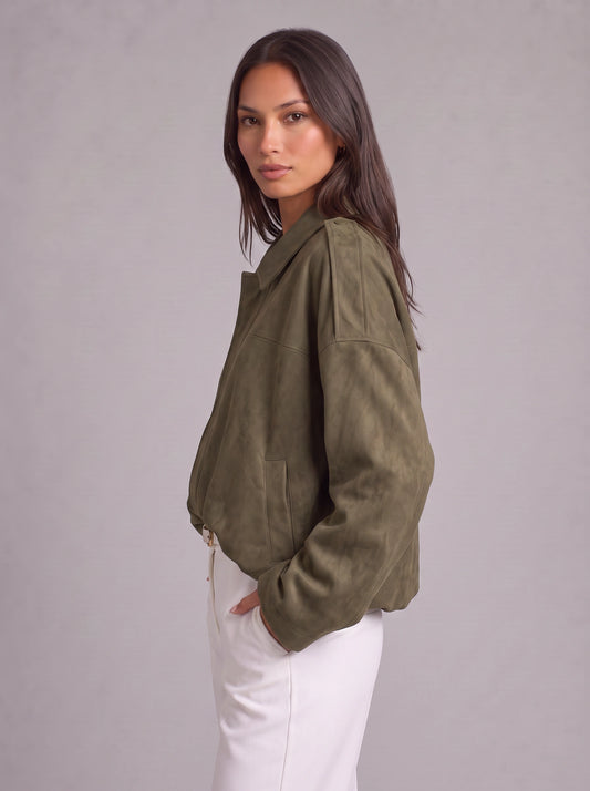 Mosskol Oversized Suede Bomber Jacket – Women Collared Zip Front Casual Streetwear Utility Bomber Jacket
