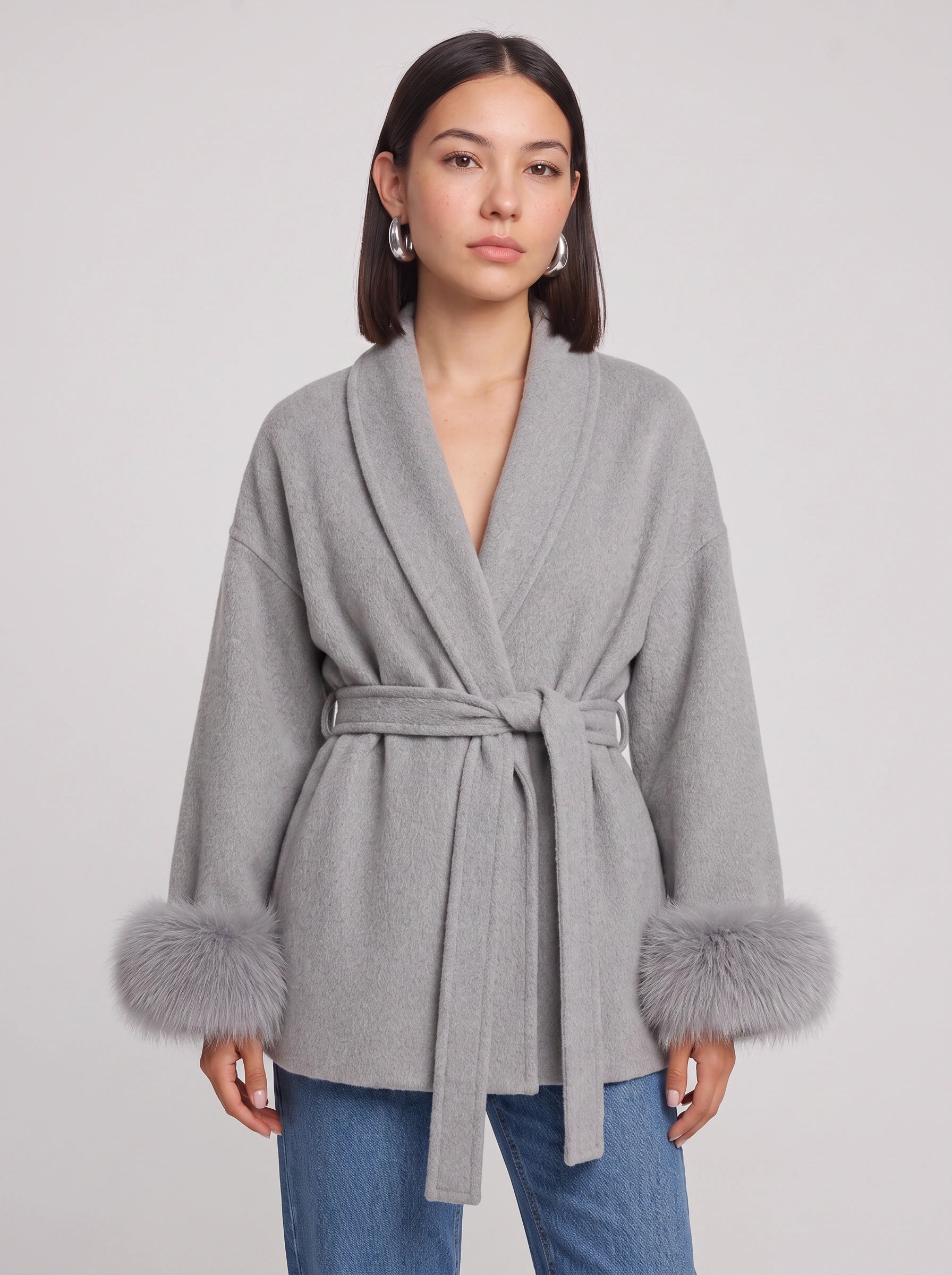 Peluccia Belted Wrap Coat – Faux Fur Cuff Wool Blend Women Luxury Outerwear Grey Wrap Jacket