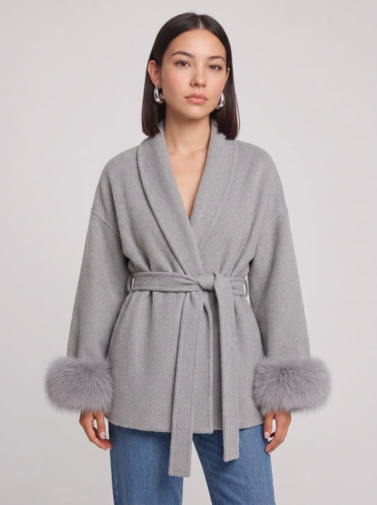 Peluccia Belted Wrap Coat – Faux Fur Cuff Wool Blend Women Luxury Outerwear Grey Wrap Jacket