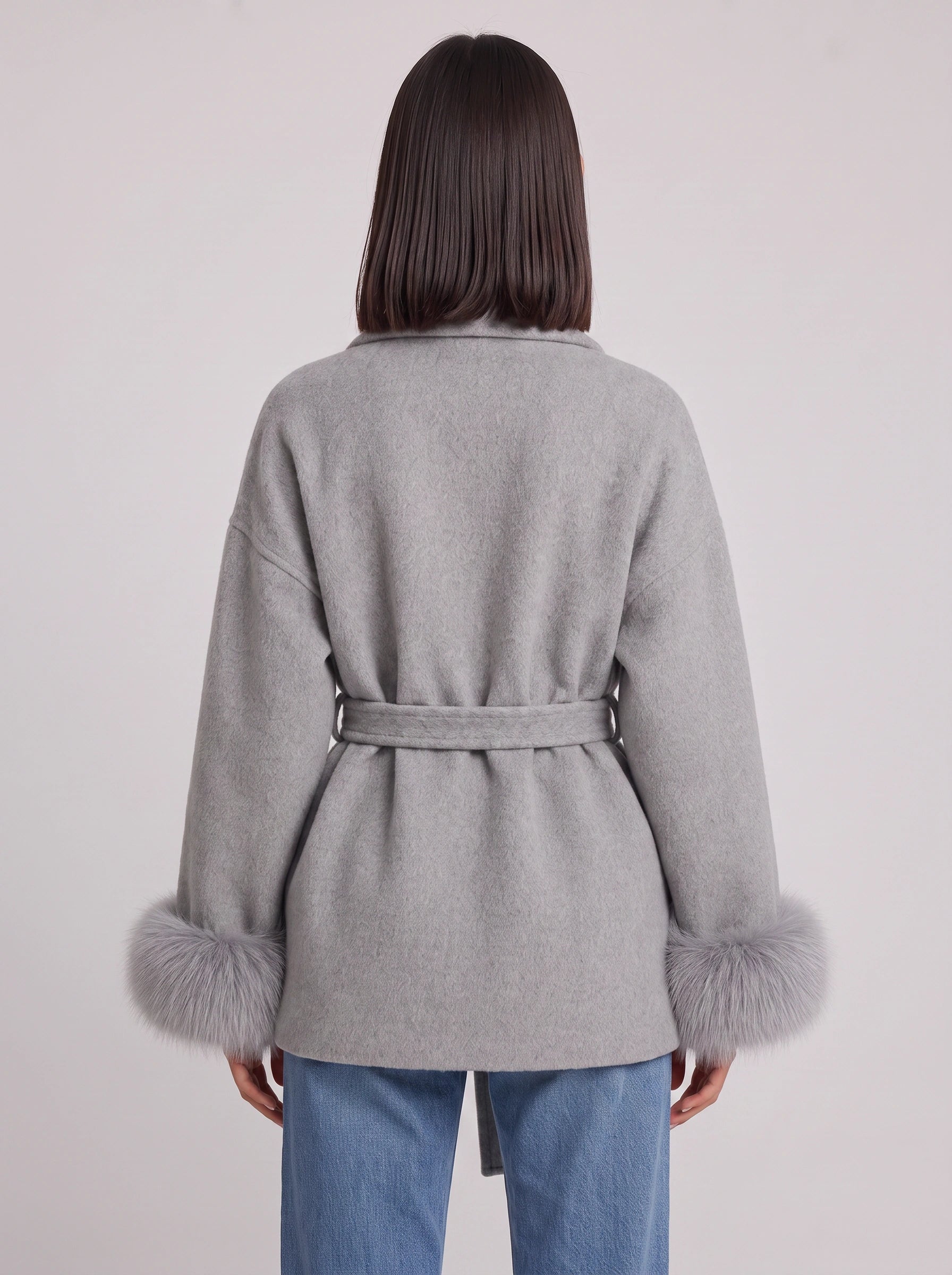 Peluccia Belted Wrap Coat – Faux Fur Cuff Wool Blend Women Luxury Outerwear Grey Wrap Jacket