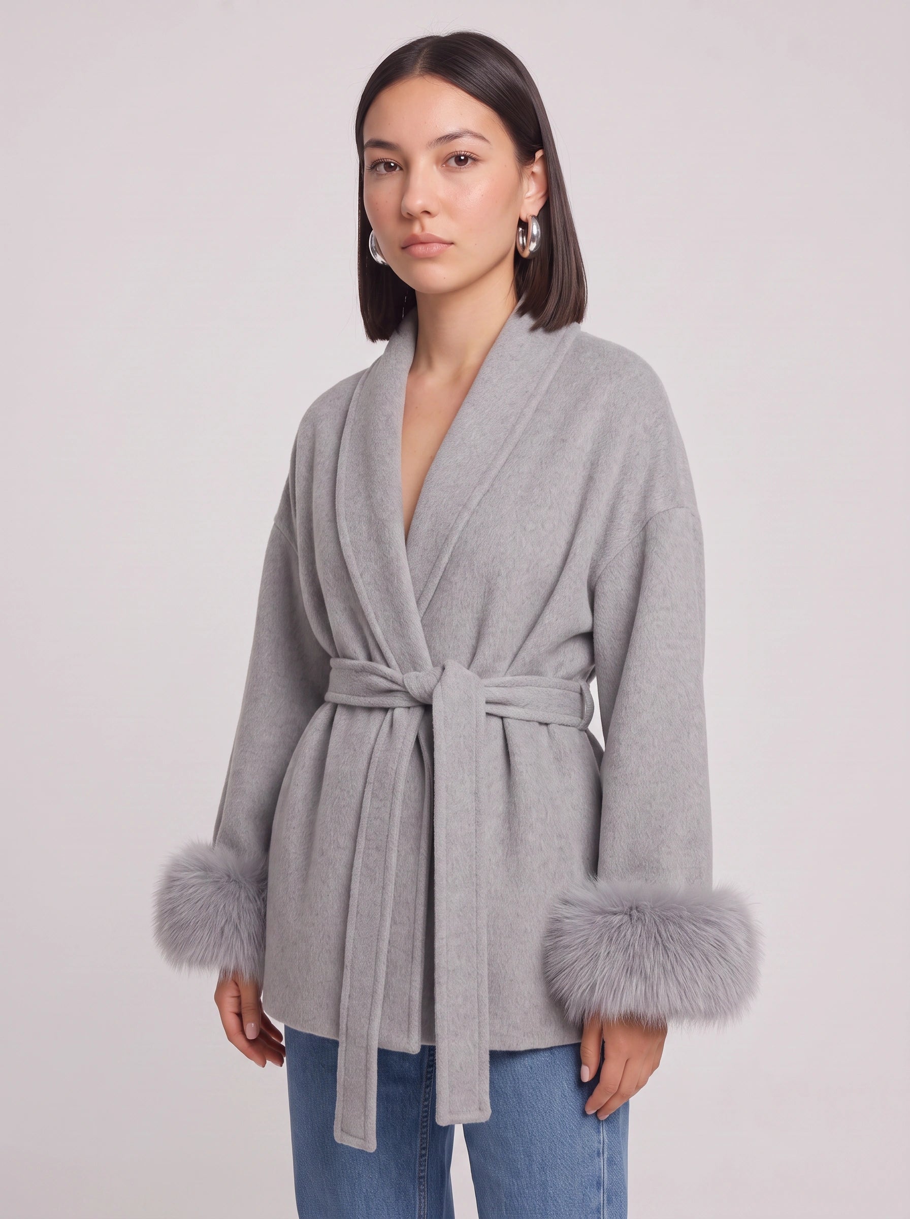 Peluccia Belted Wrap Coat – Faux Fur Cuff Wool Blend Women Luxury Outerwear Grey Wrap Jacket