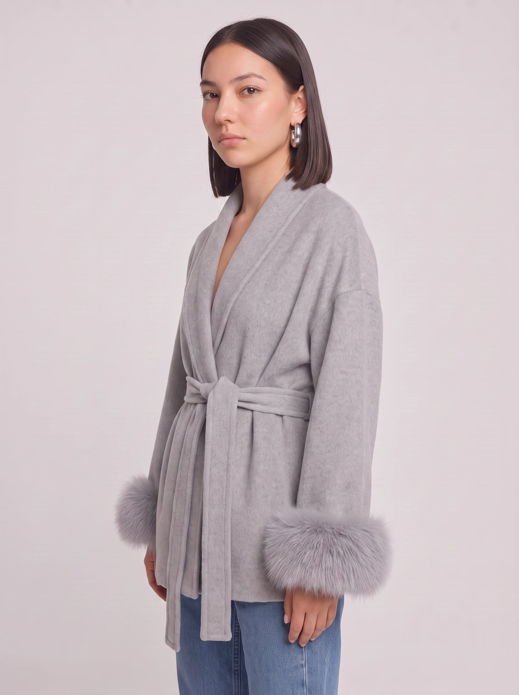 Peluccia Belted Wrap Coat – Faux Fur Cuff Wool Blend Women Luxury Outerwear Grey Wrap Jacket