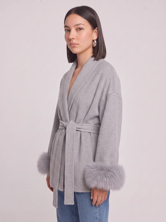 Peluccia Belted Wrap Coat – Faux Fur Cuff Wool Blend Women Luxury Outerwear Grey Wrap Jacket