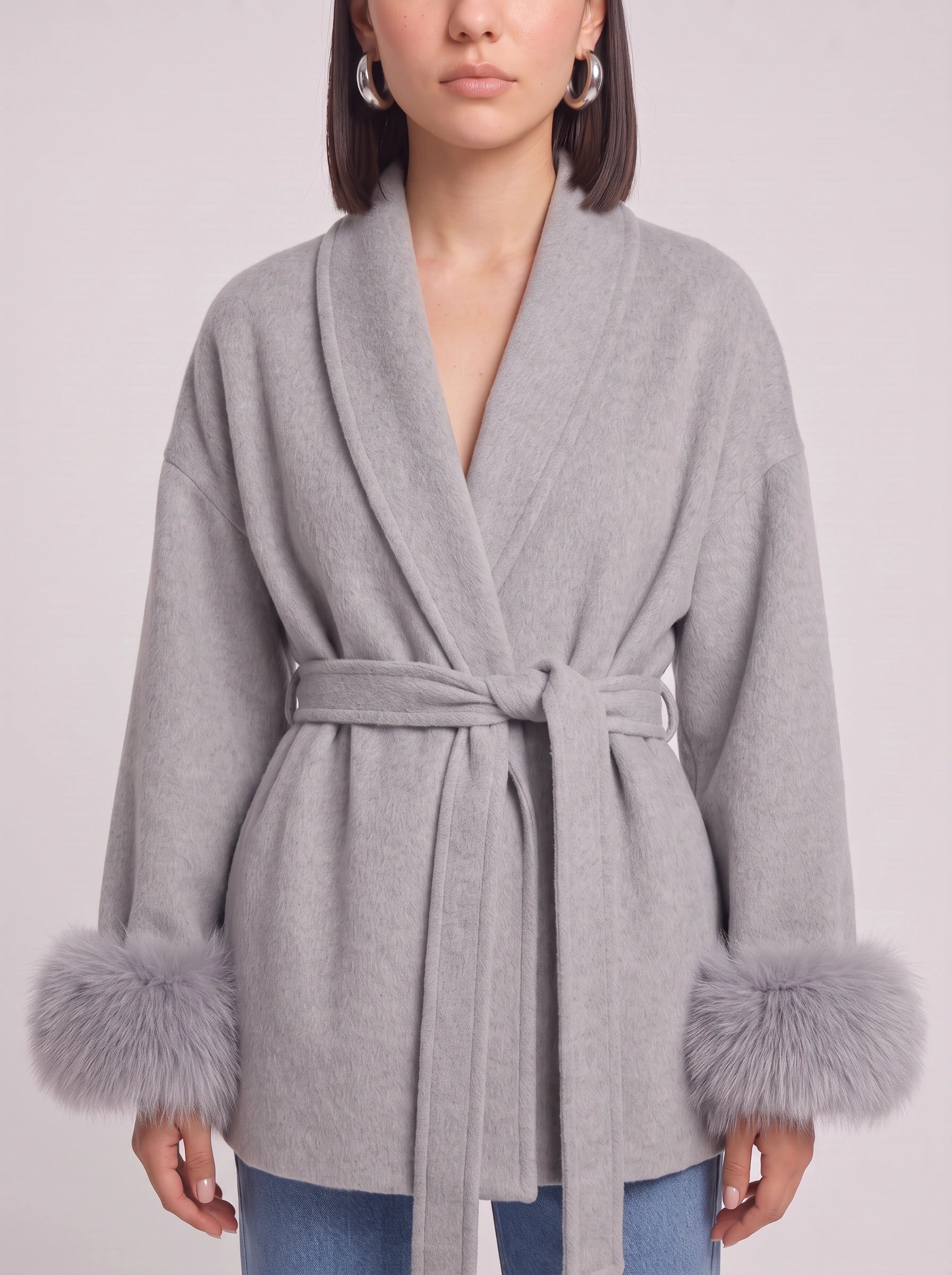 Peluccia Belted Wrap Coat – Faux Fur Cuff Wool Blend Women Luxury Outerwear Grey Wrap Jacket