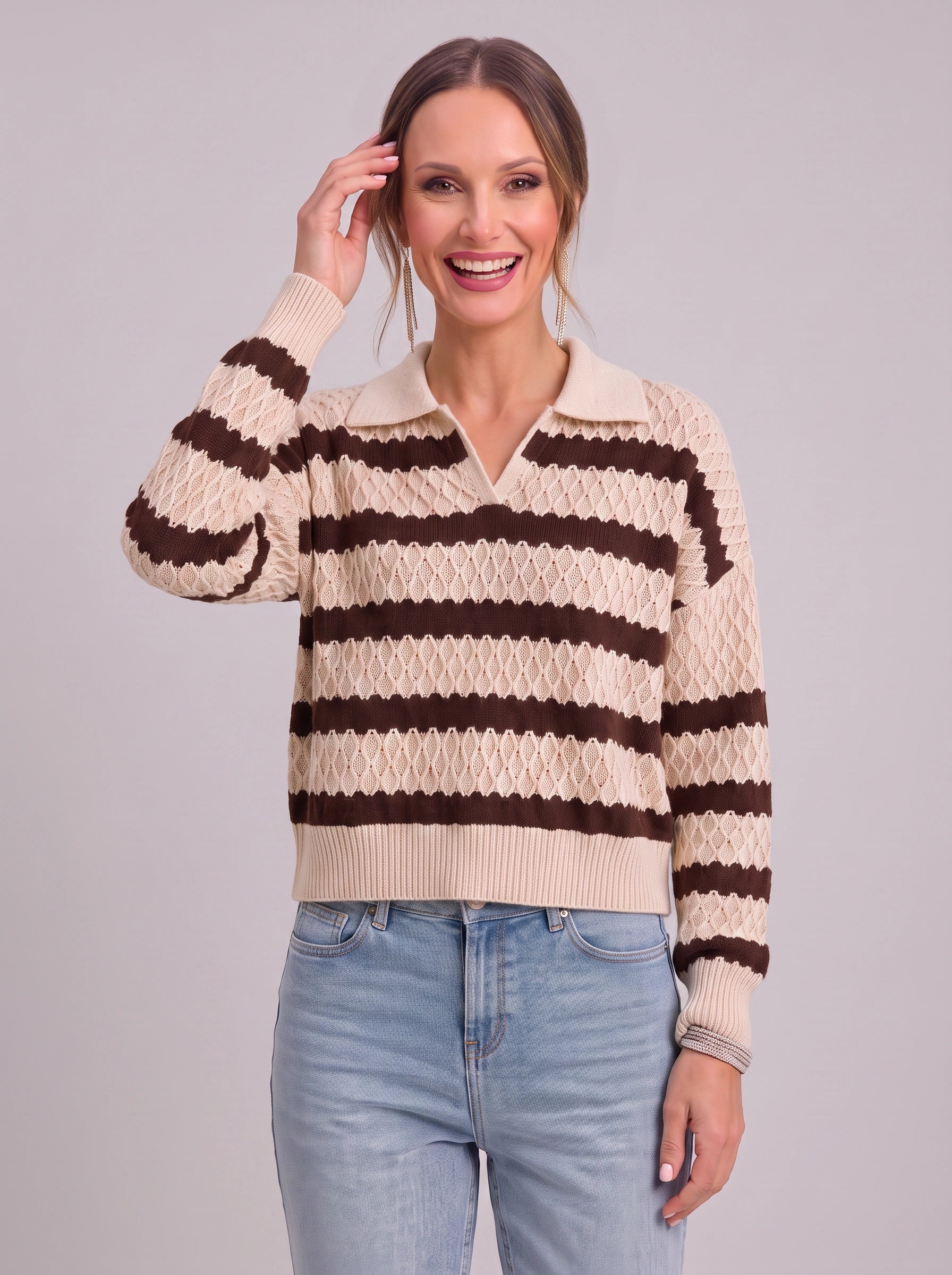 Ondura Striped Polo Knit Sweater – Textured Knit Women Casual Preppy Summer Collared Jumper