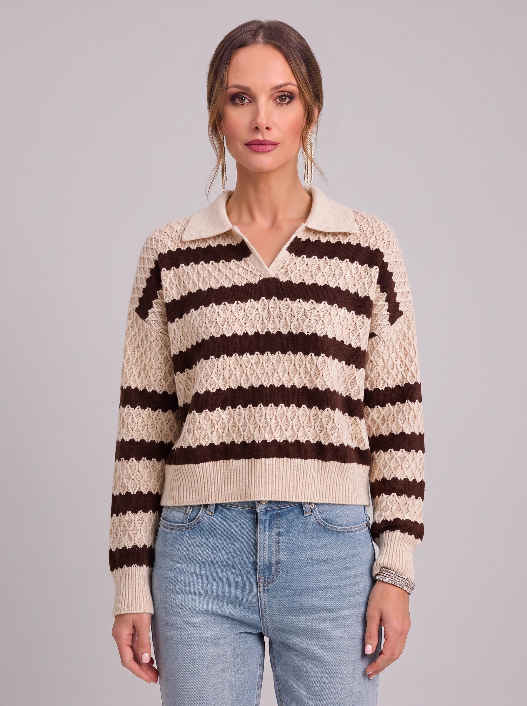 Ondura Striped Polo Knit Sweater – Textured Knit Women Casual Preppy Summer Collared Jumper