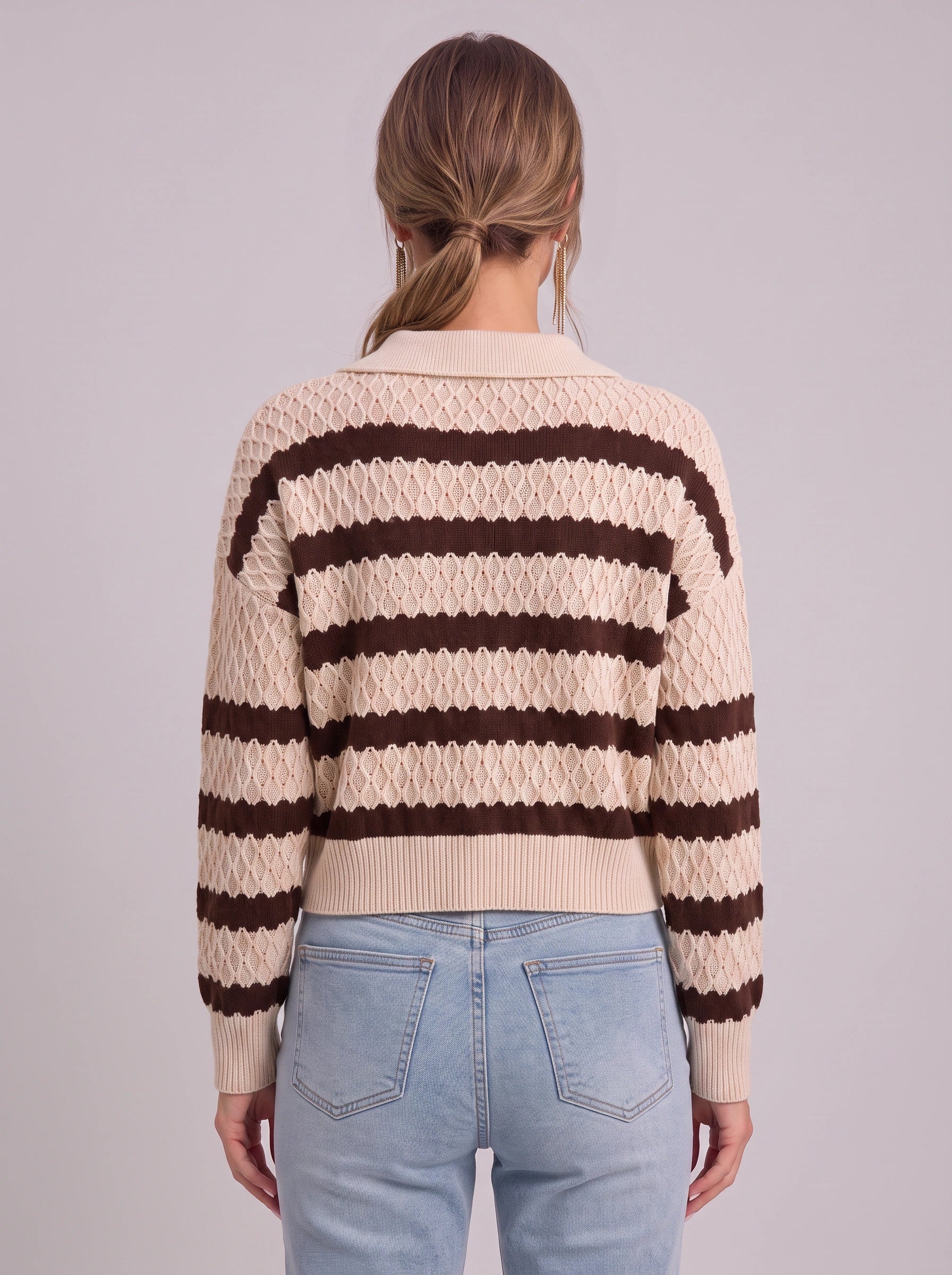 Ondura Striped Polo Knit Sweater – Textured Knit Women Casual Preppy Summer Collared Jumper