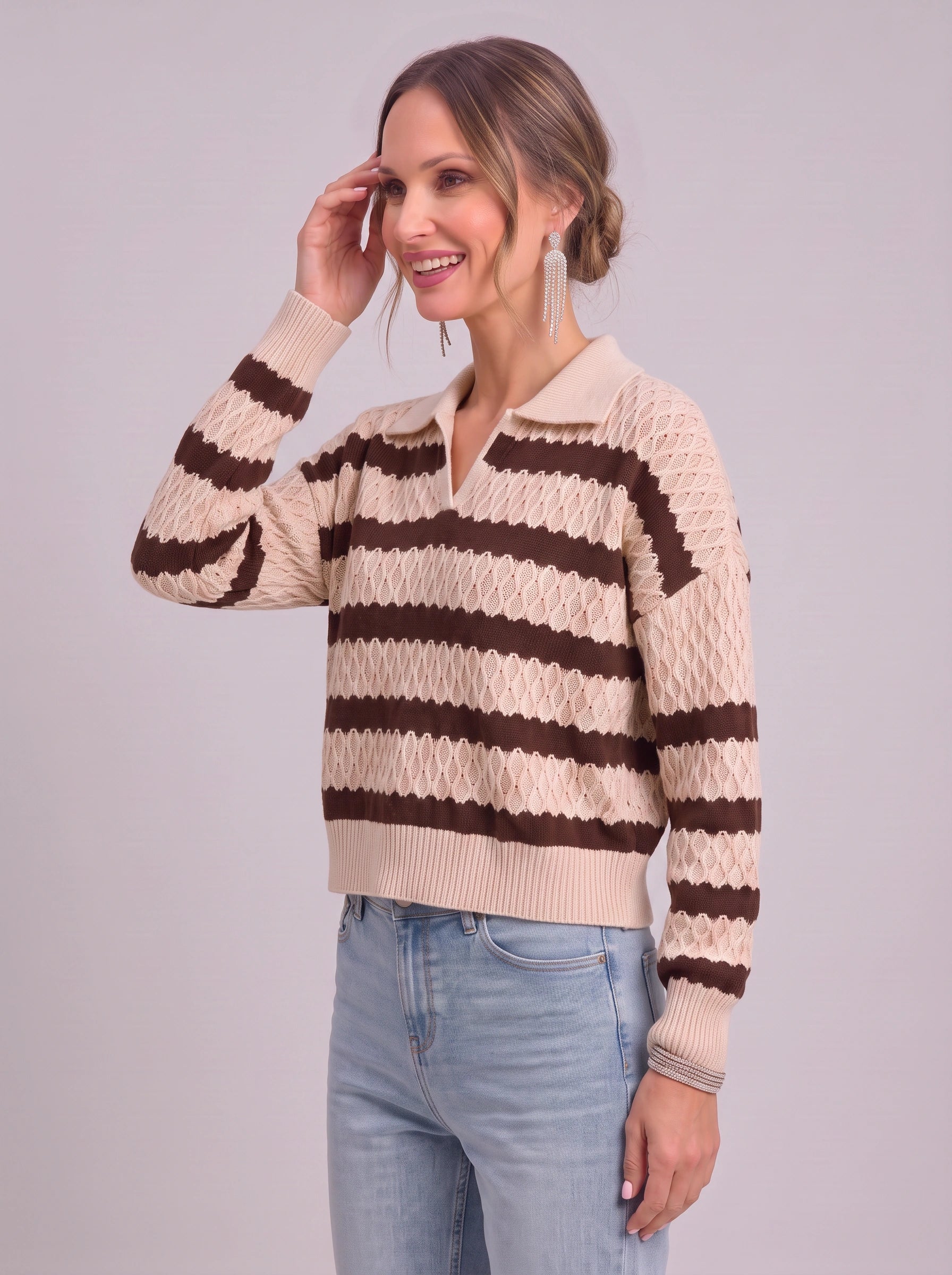 Ondura Striped Polo Knit Sweater – Textured Knit Women Casual Preppy Summer Collared Jumper