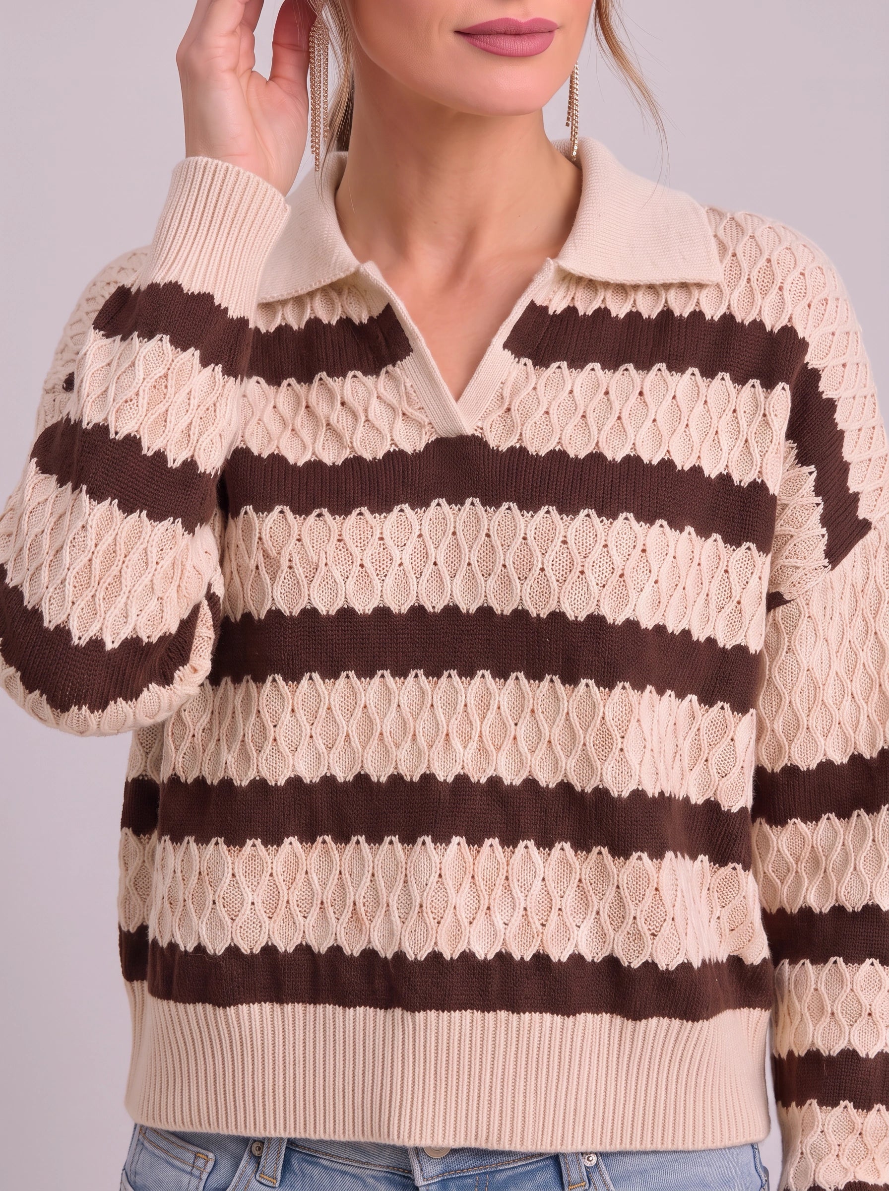 Ondura Striped Polo Knit Sweater – Textured Knit Women Casual Preppy Summer Collared Jumper
