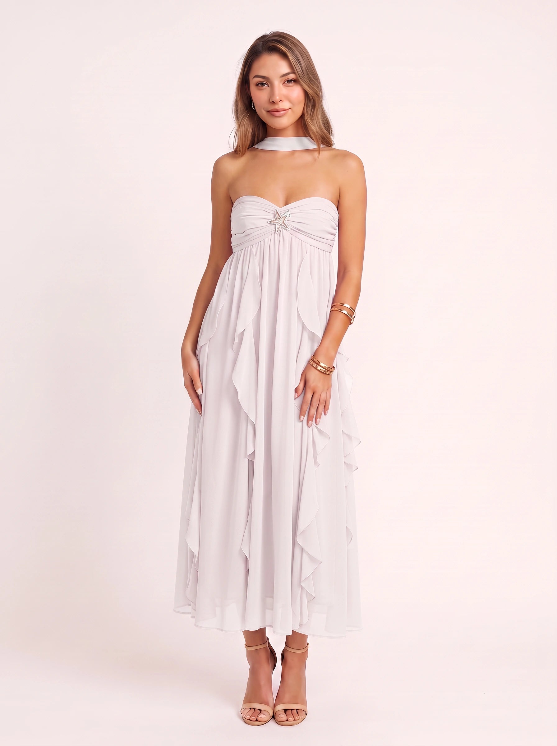 Ruffette Choker Neck Maxi Dress – Women Formal Cocktail Wedding Guest Summer Evening Maxi Dress