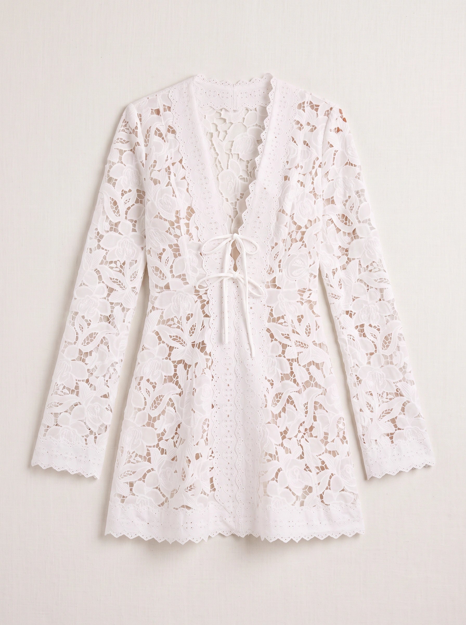 Camellia Lace Mini Dress – Long Sleeve Mini Dress Women White Summer Cocktail Bridal Romantic Eyelet Lace Short Dress