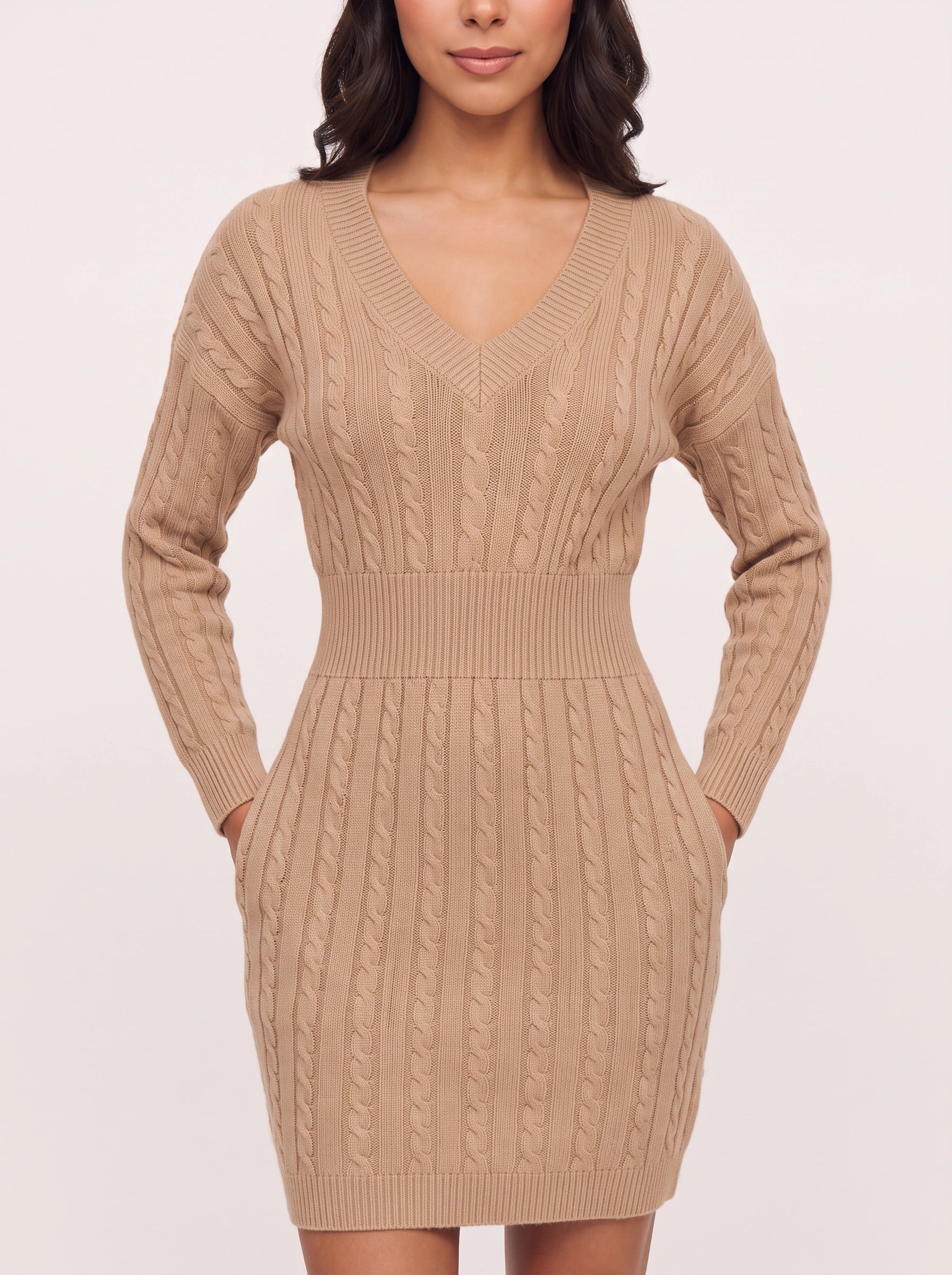 Tressani Cable Knit V-Neck Mini Dress – Sweater Dress Women Bodycon Long Sleeve Cocktail Party Fitted Mini Dress