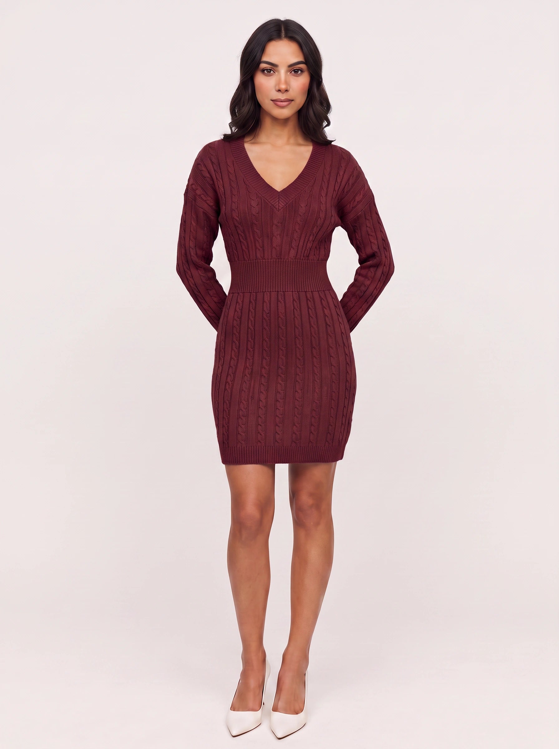 Tressani Cable Knit V-Neck Mini Dress – Sweater Dress Women Bodycon Long Sleeve Cocktail Party Fitted Mini Dress