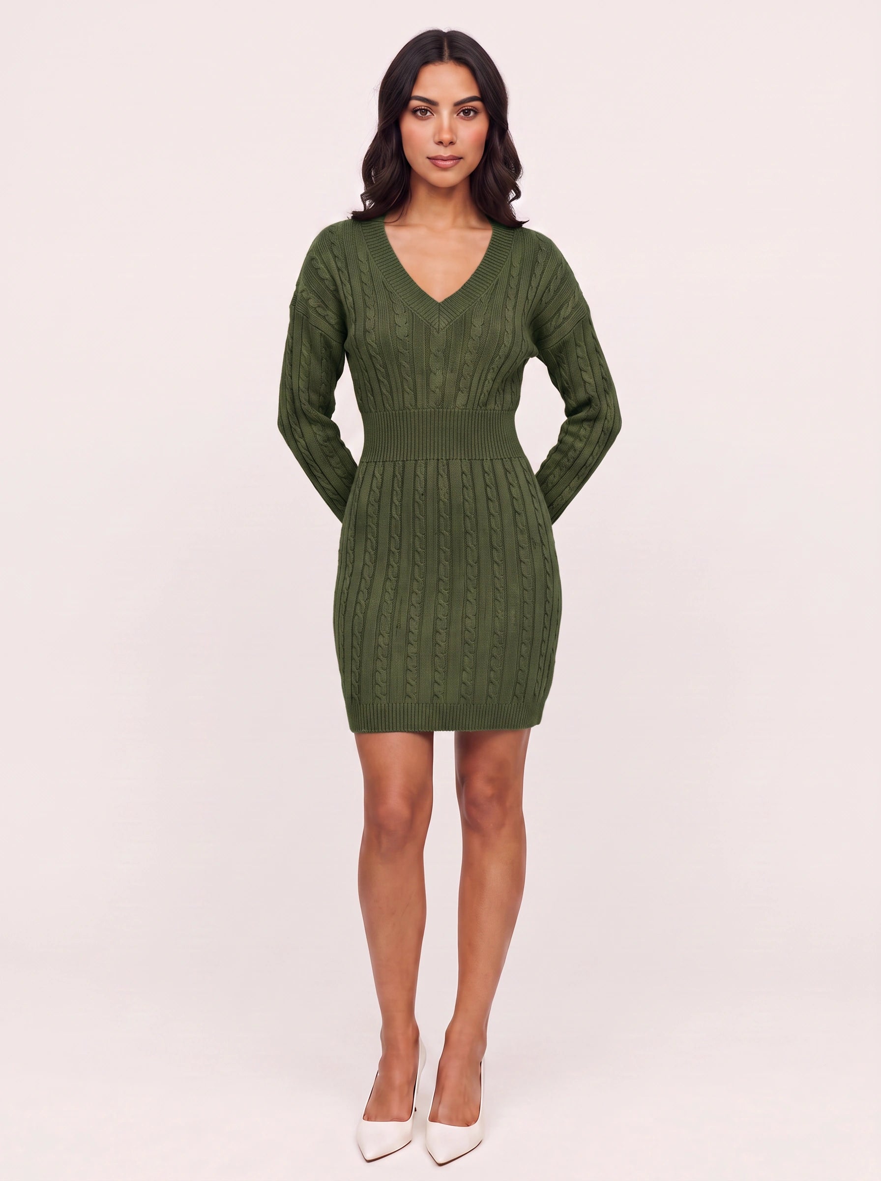 Tressani Cable Knit V-Neck Mini Dress – Sweater Dress Women Bodycon Long Sleeve Cocktail Party Fitted Mini Dress