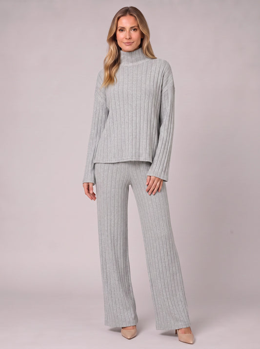 Costara Ribbed Turtleneck Lounge Set – Two Piece Sets Women Loungewear Wide Leg Trousers Roll Neck Jumper