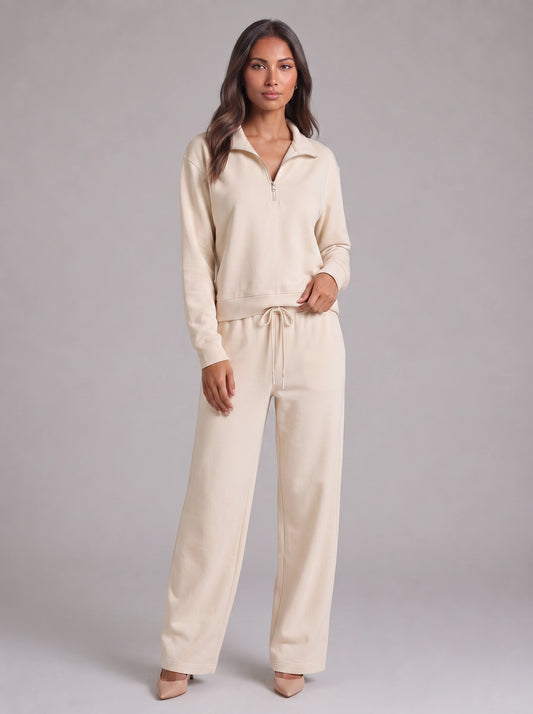 Calmere Half-Zip Lounge Set – Women Loungewear Two Piece Cotton Pajama Sets Sweat Set Wide Leg Pants