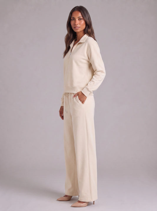 Calmere Half-Zip Lounge Set – Women Loungewear Two Piece Cotton Pajama Sets Sweat Set Wide Leg Pants