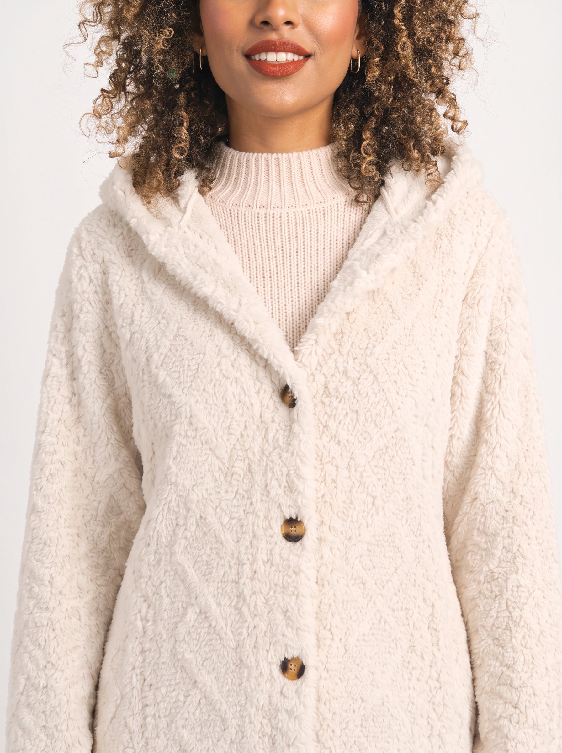 Bouclett Oversized Hooded Teddy Cardigan – Women Button-Front Fleece Jacket Longline Hoody Plush Outerwear