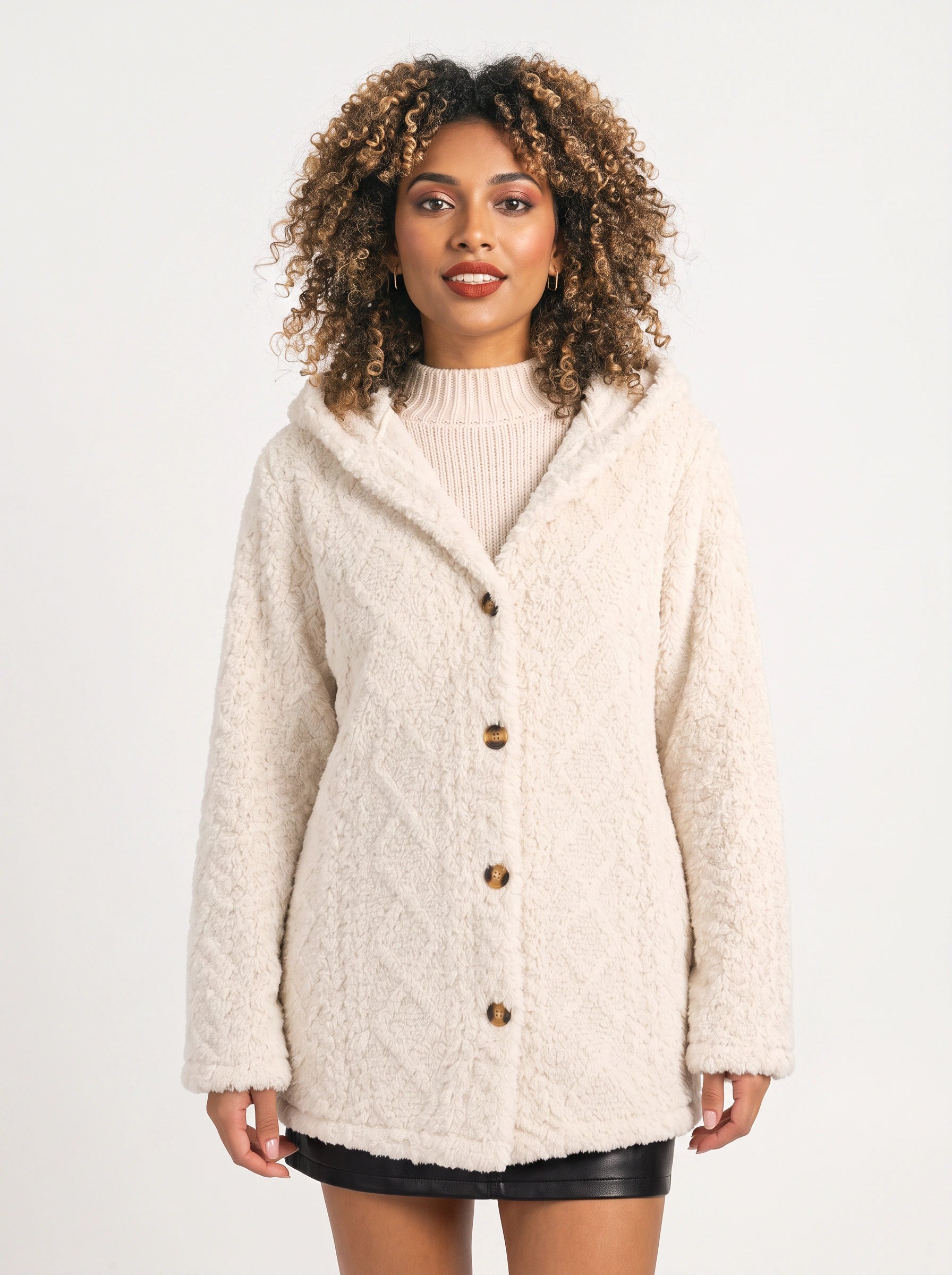 Bouclett Oversized Hooded Teddy Cardigan – Women Button-Front Fleece Jacket Longline Hoody Plush Outerwear
