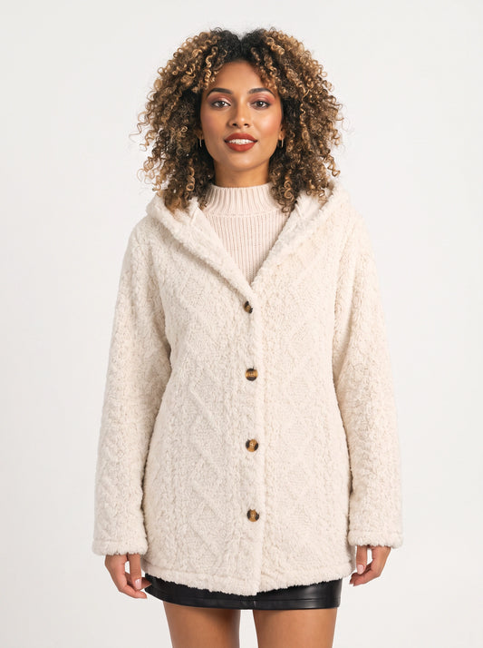 Bouclett Oversized Hooded Teddy Cardigan – Women Button-Front Fleece Jacket Longline Hoody Plush Outerwear